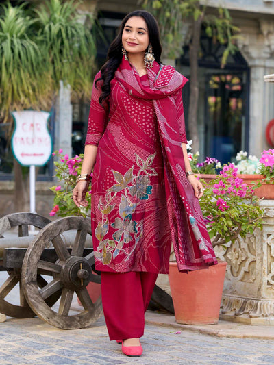 Maroon Silk Floral Printed Casual Palazzo Suit for Women