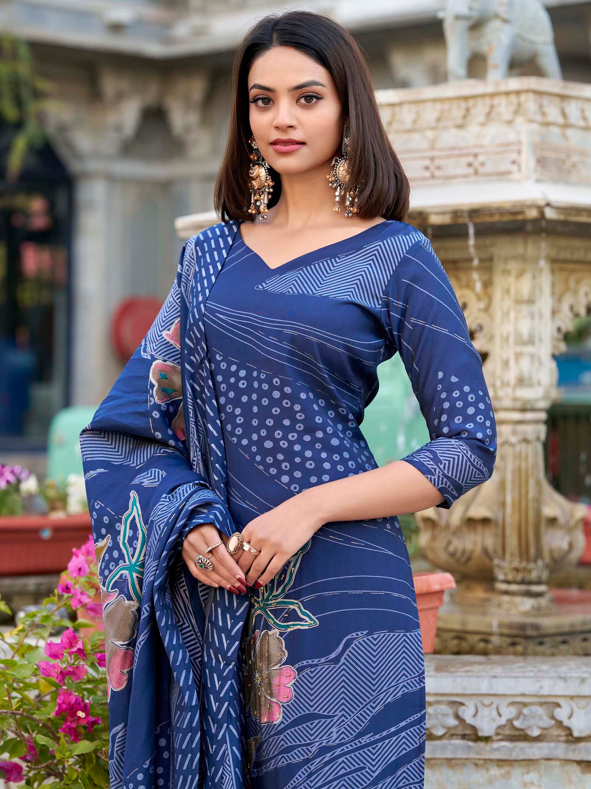 Navy Blue Silk Floral Printed Traditional Palazzo Suit for Women