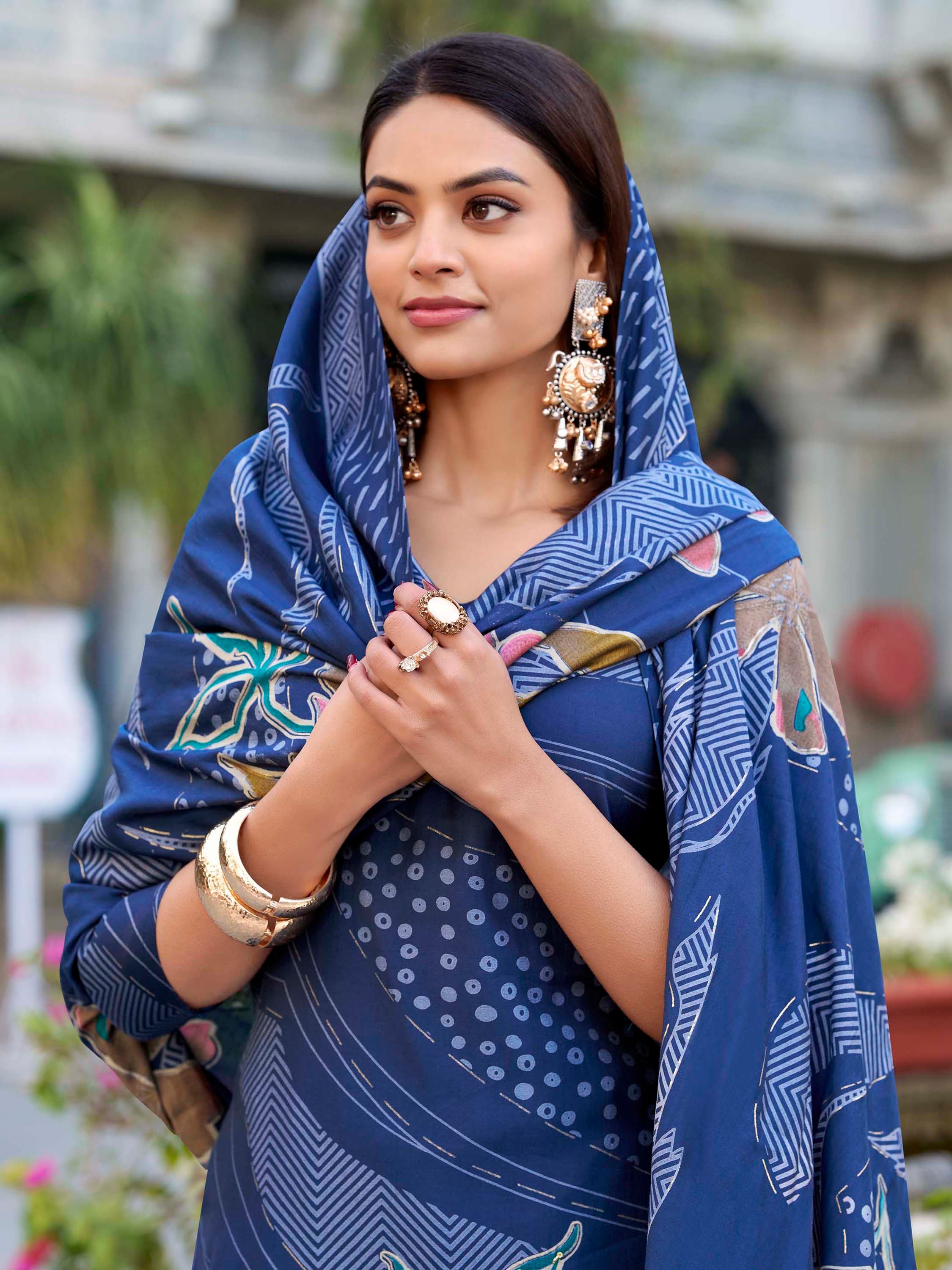 Navy Blue Silk Floral Printed Traditional Palazzo Suit for Women