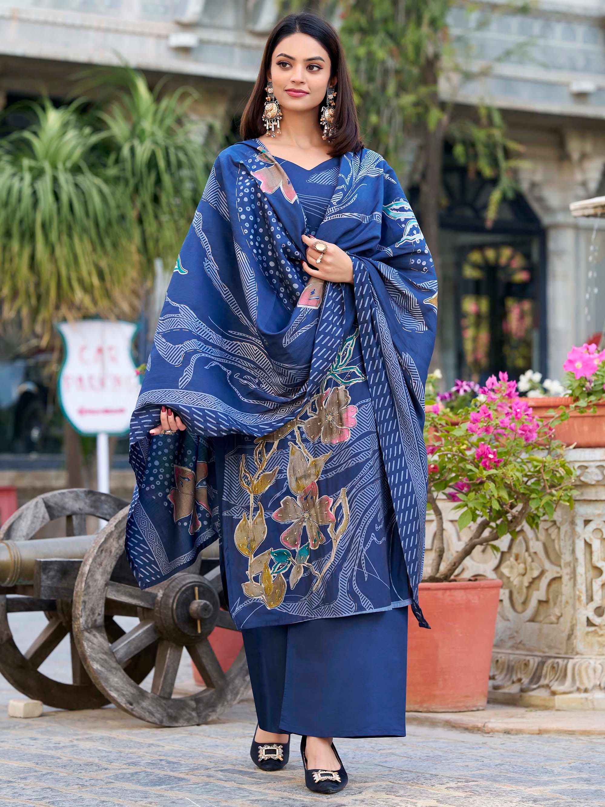Navy Blue Silk Floral Printed Traditional Palazzo Suit for Women