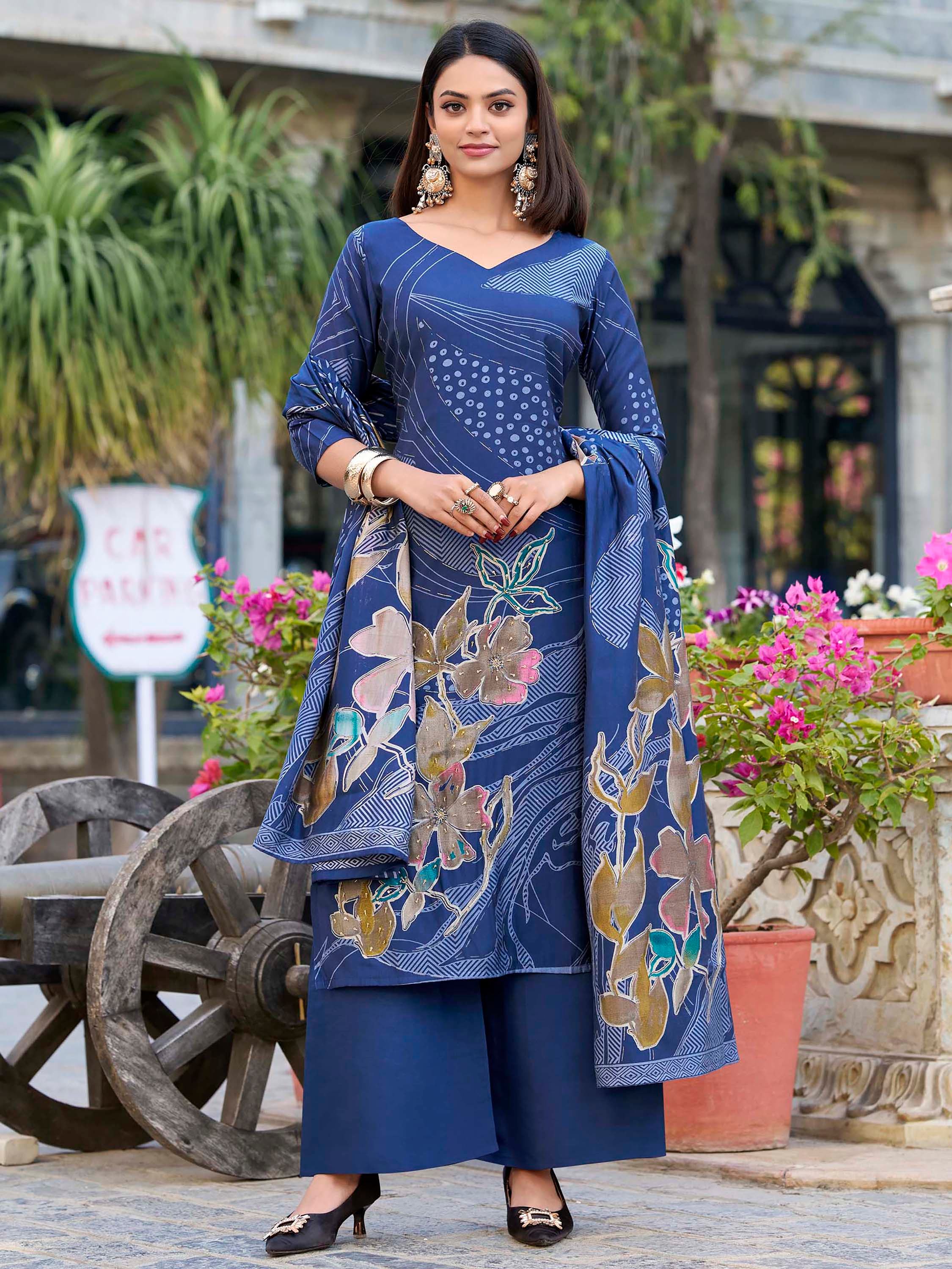 Navy Blue Silk Floral Printed Traditional Palazzo Suit for Women