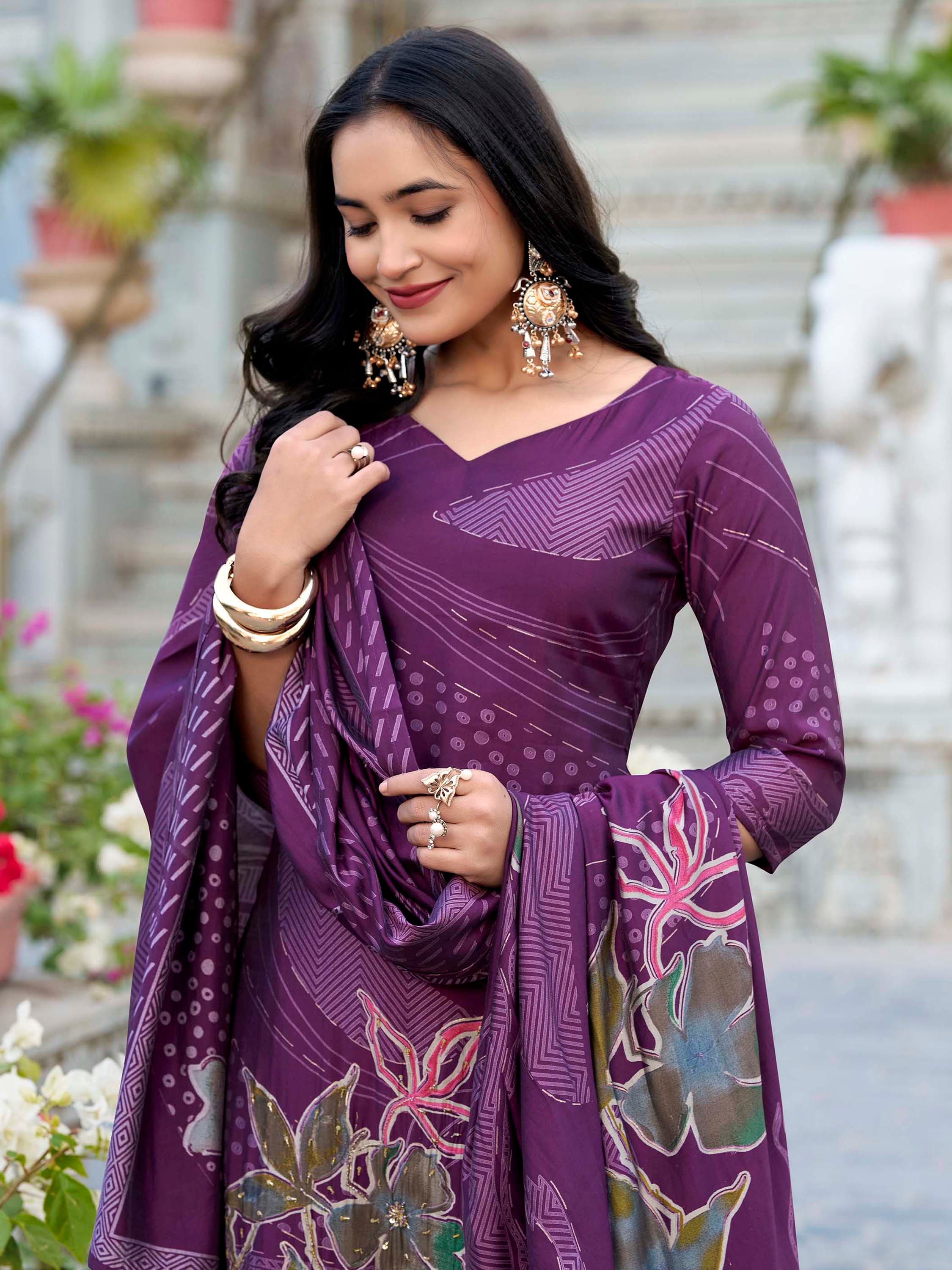 Wine Silk Floral Printed Festival Wear Palazzo Suit for Women