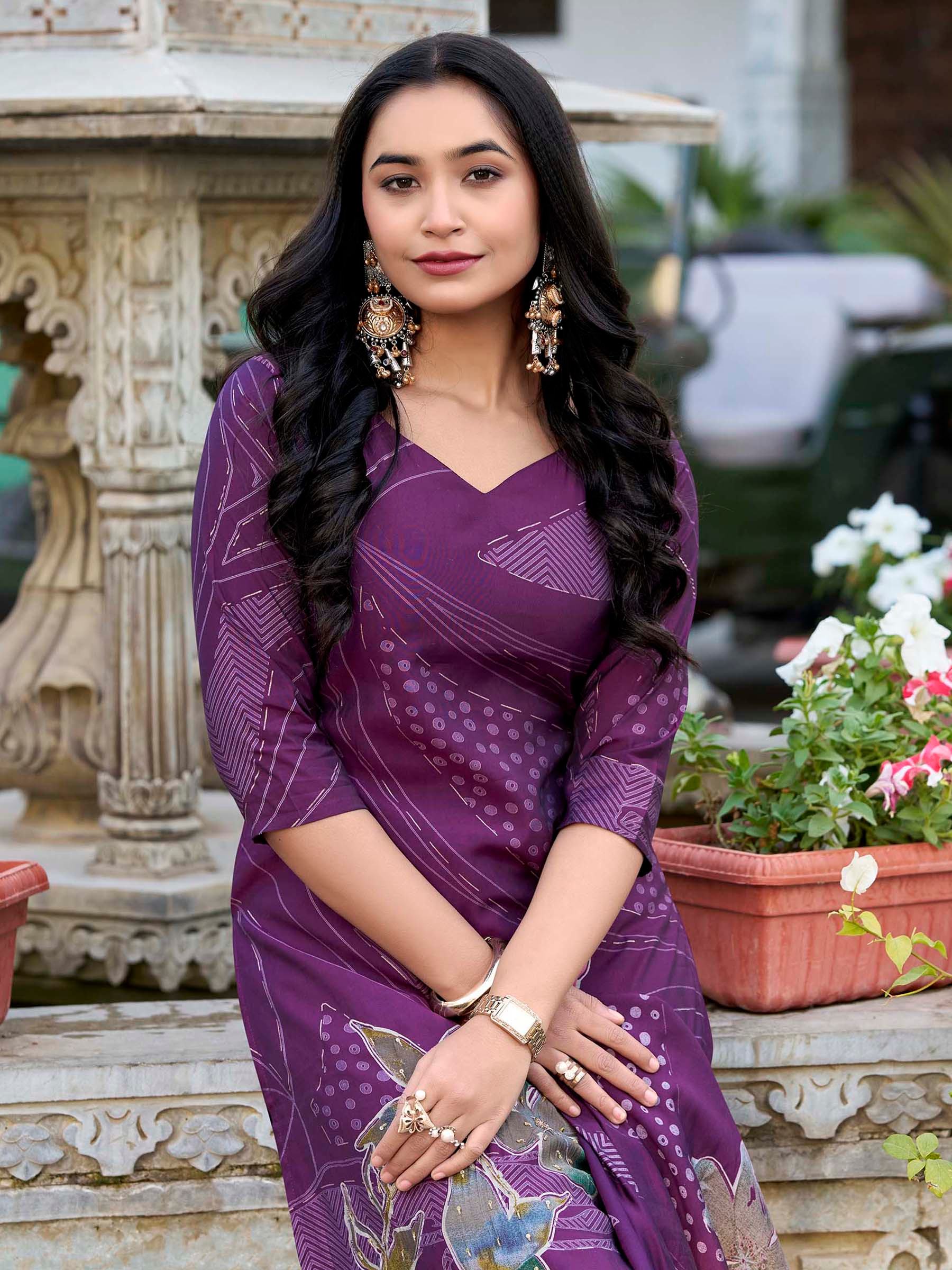 Wine Silk Floral Printed Festival Wear Palazzo Suit for Women