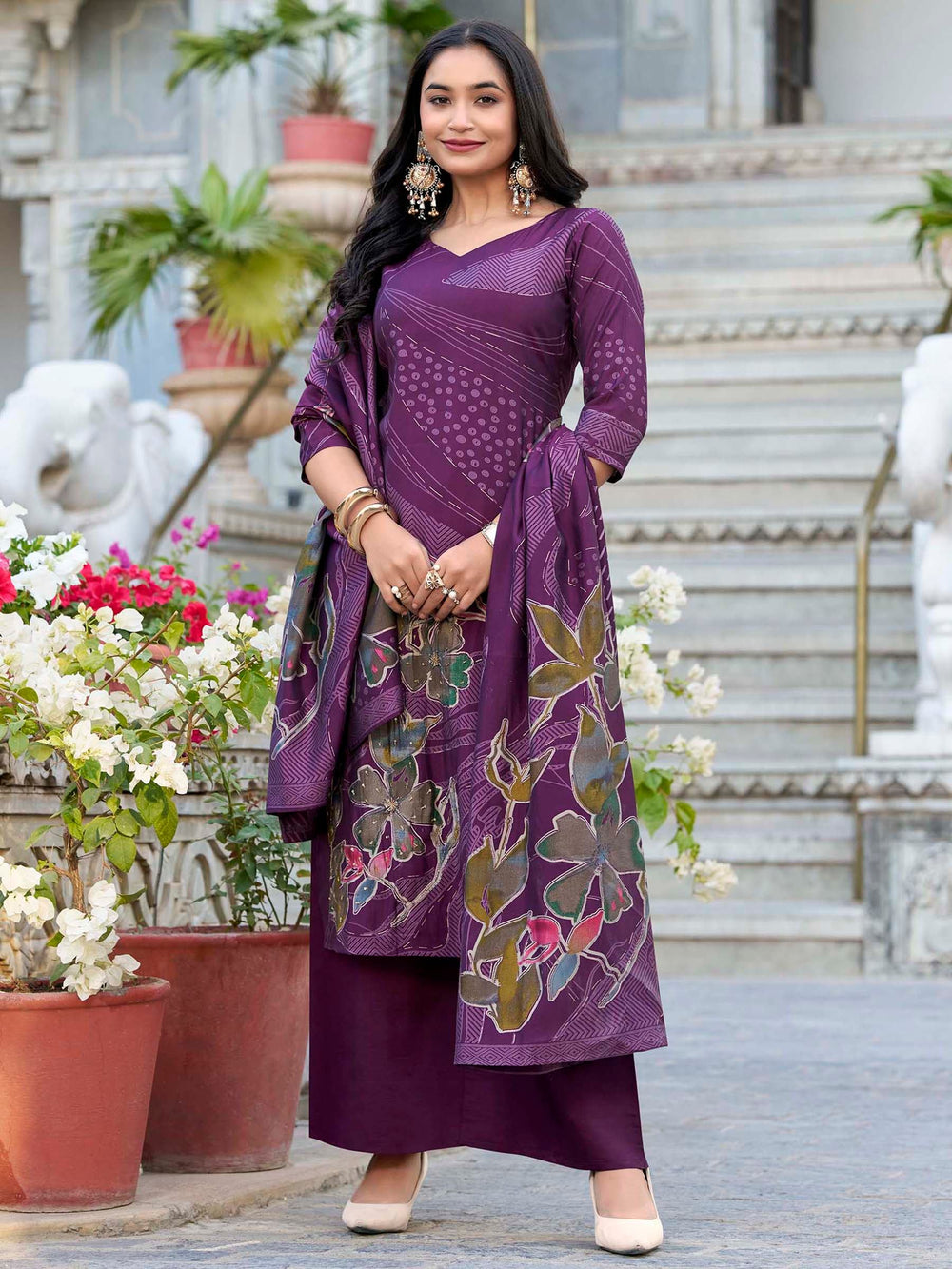 Wine Silk Floral Printed Festival Wear Palazzo Suit for Women