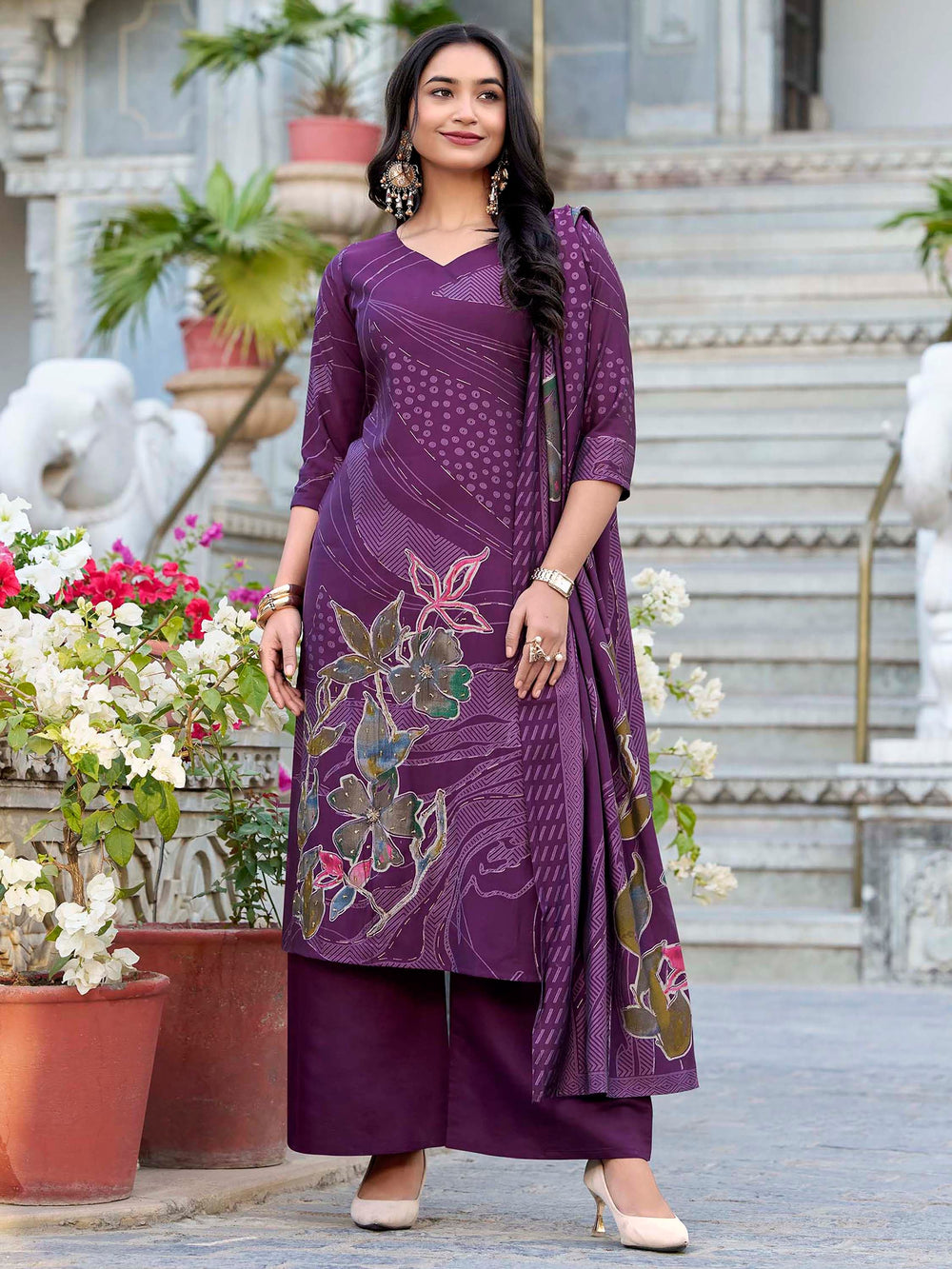 Wine Silk Floral Printed Festival Wear Palazzo Suit for Women