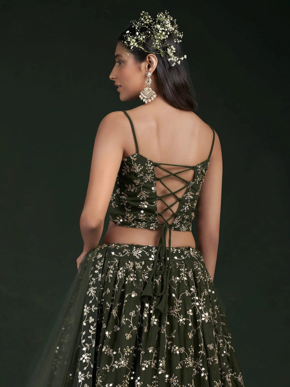 Desirable Olive Green Sequins Embroidered Georgette Event Wear Lehenga Choli