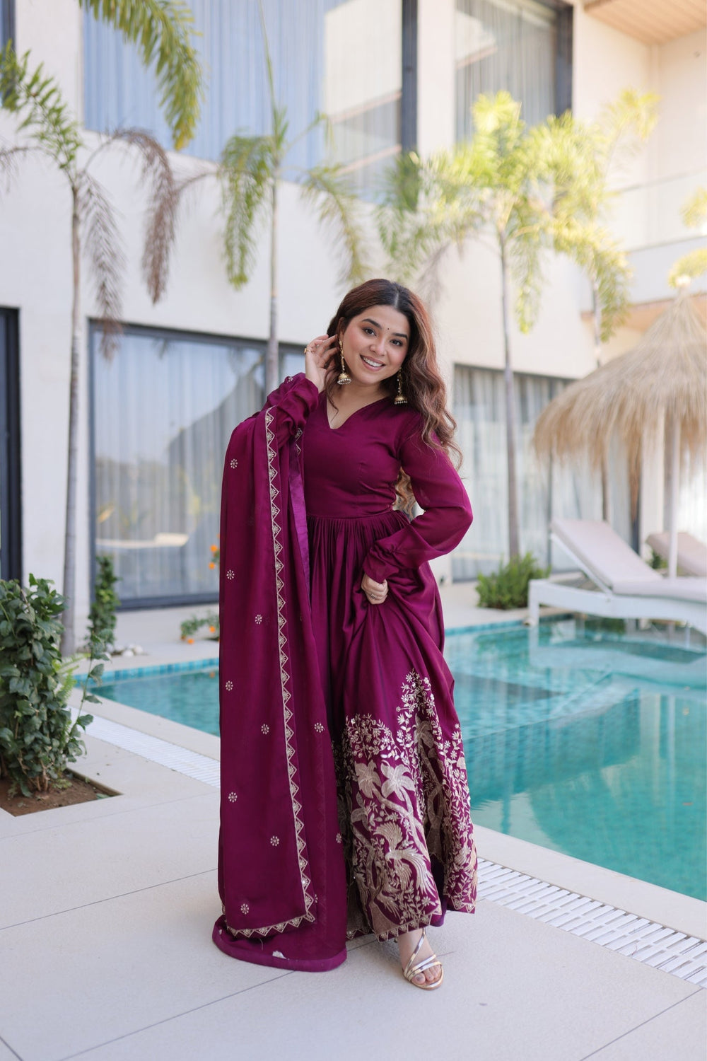 Wine Rangoli Crush Sequins Multi Embroidery Anarkali Suit for Women