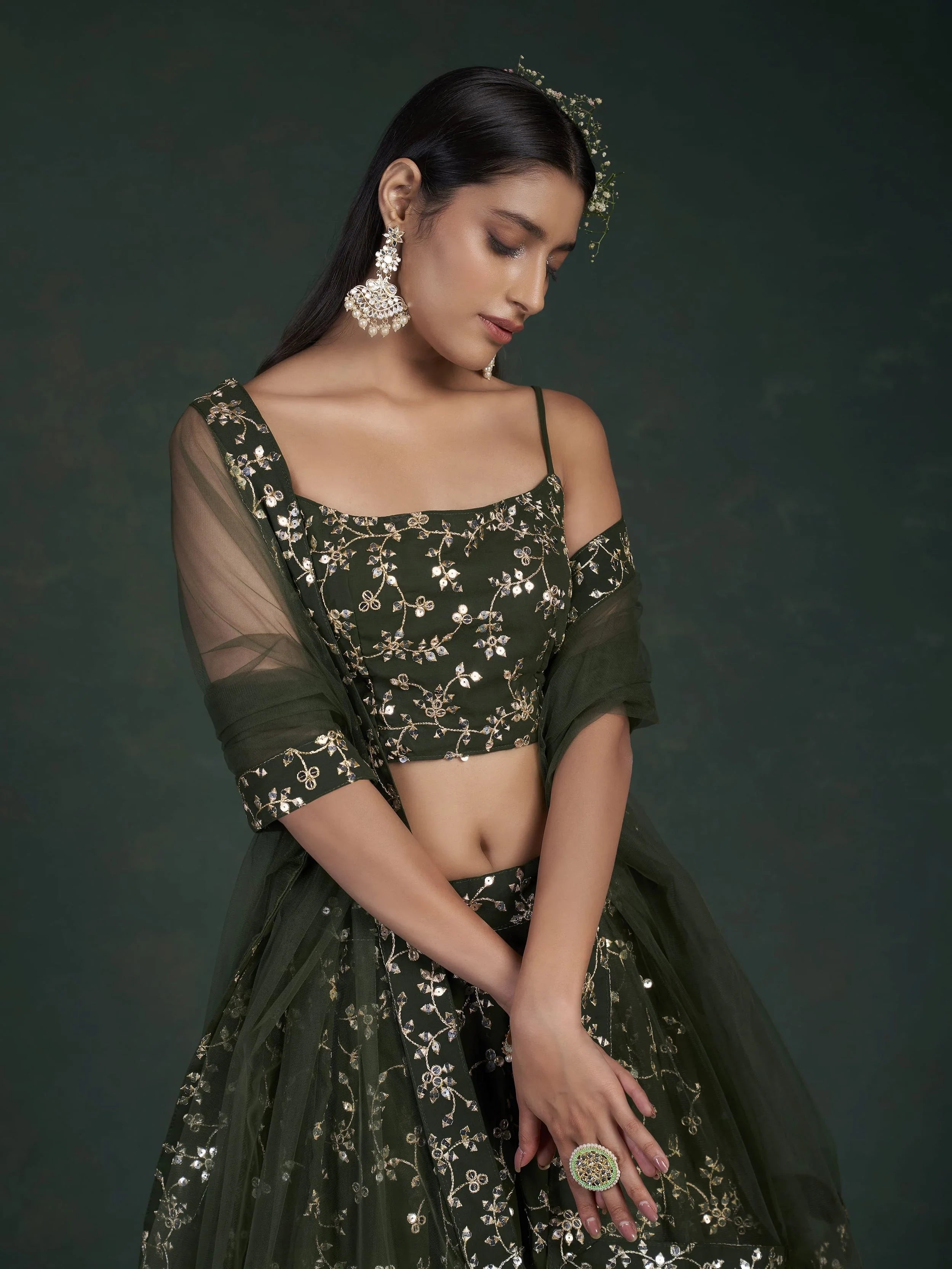 Desirable Olive Green Sequins Embroidered Georgette Event Wear Lehenga Choli