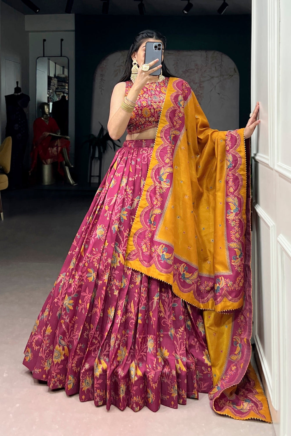 Attractive Tassar Silk Printed Lehenga Choli Set - Zimonza