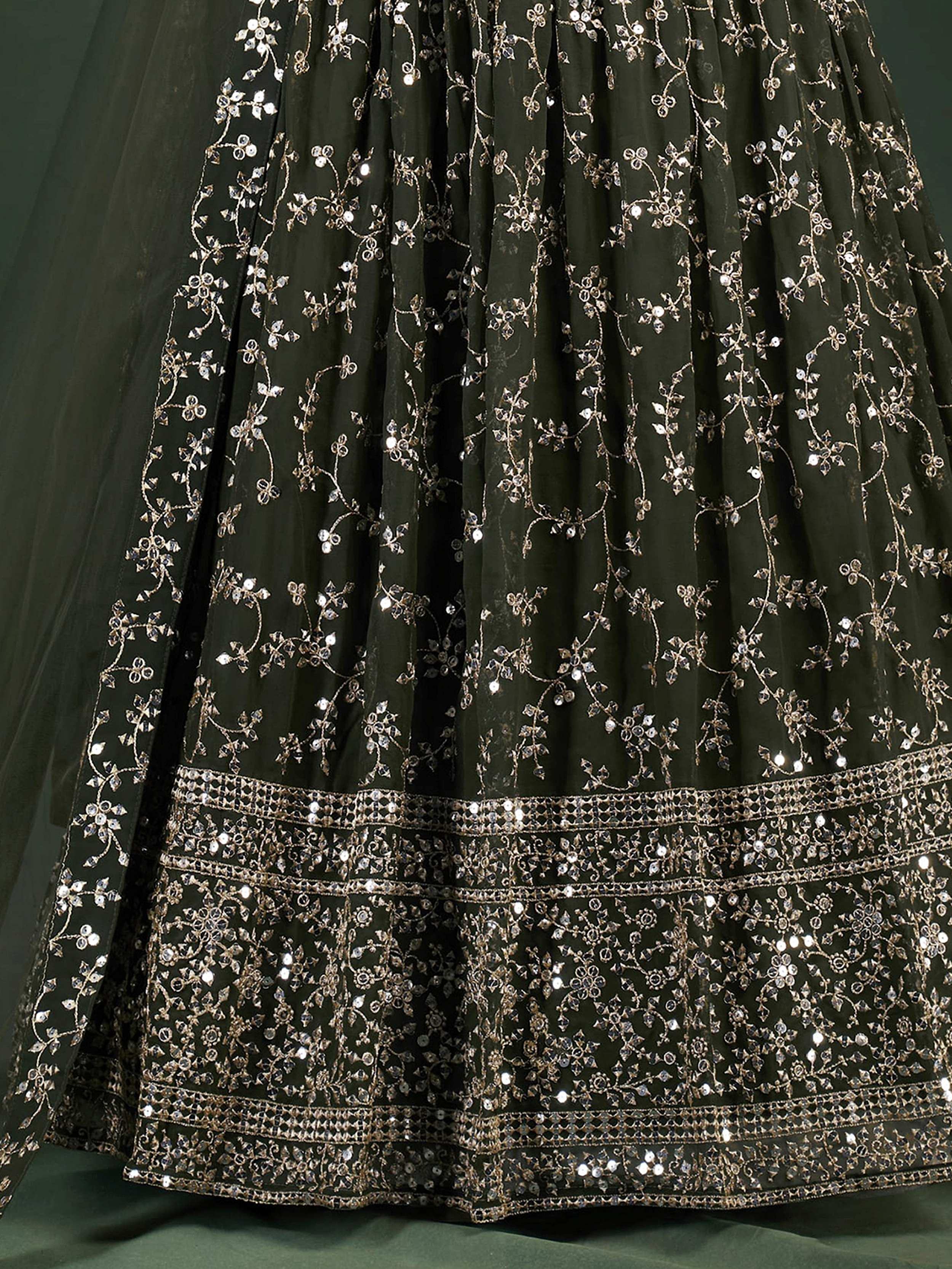 Desirable Olive Green Sequins Embroidered Georgette Event Wear Lehenga Choli