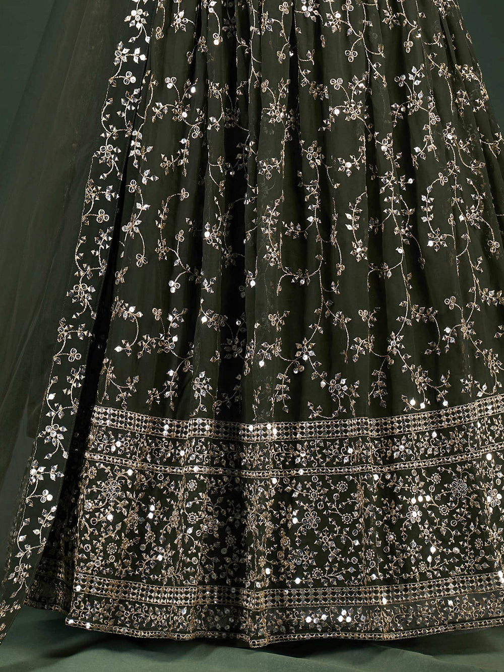 Desirable Olive Green Sequins Embroidered Georgette Event Wear Lehenga Choli