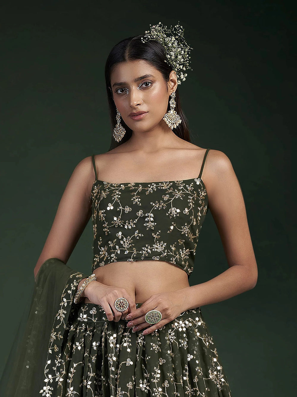 Desirable Olive Green Sequins Embroidered Georgette Event Wear Lehenga Choli