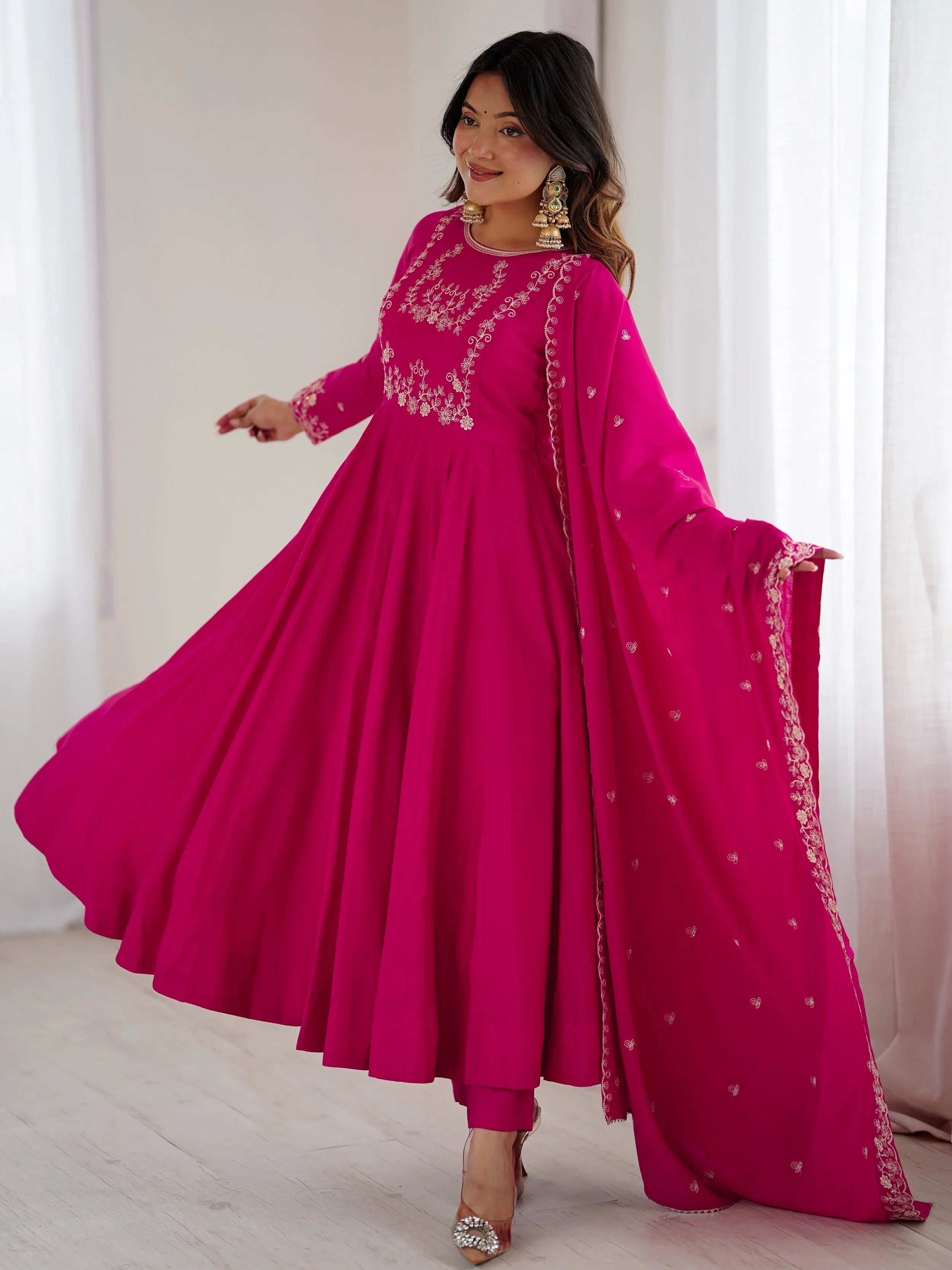 Glowing Pink Beads Work Chanderi Silk Festival Wear Anarkali Suit for Women