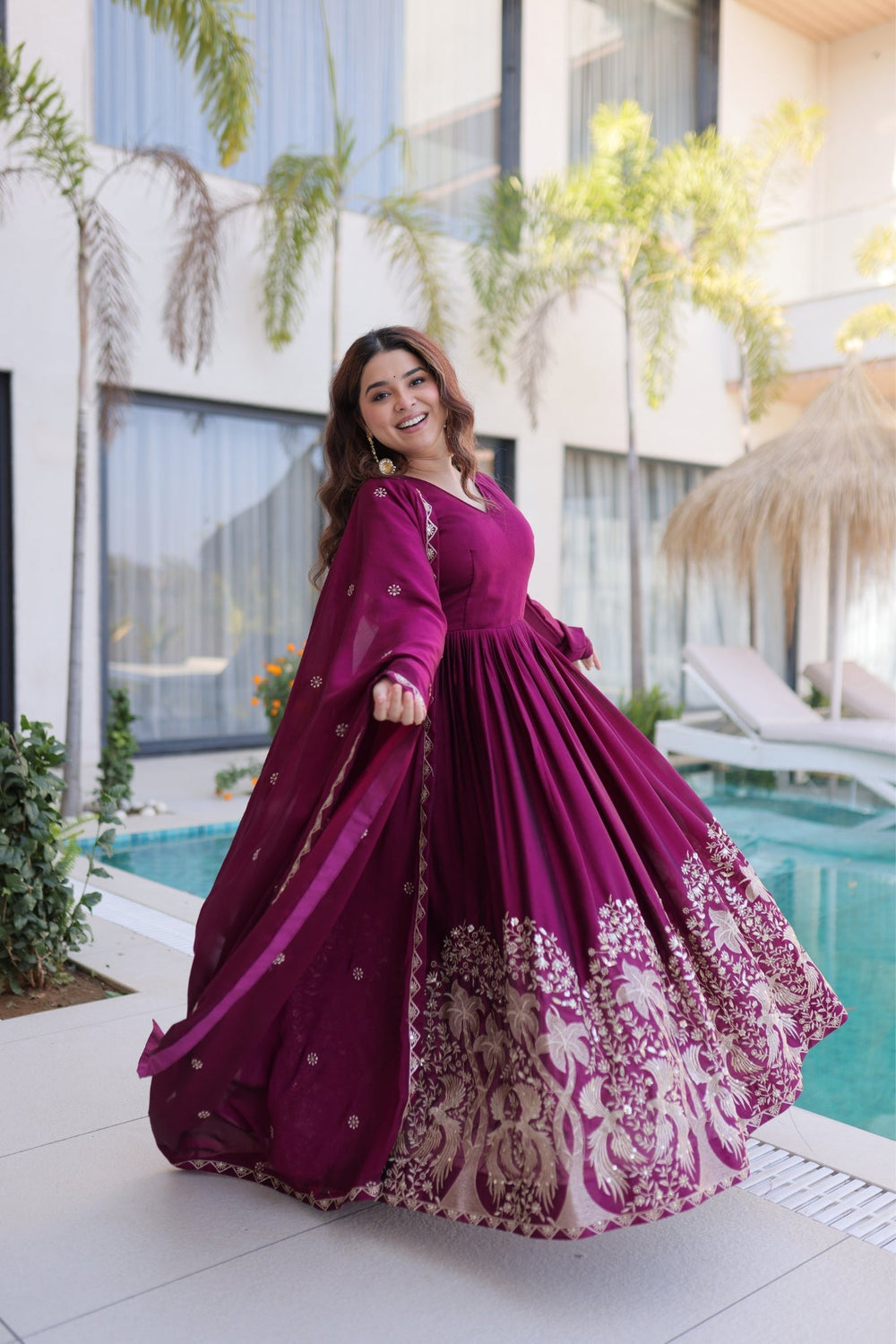 Wine Rangoli Crush Sequins Multi Embroidery Anarkali Suit for Women