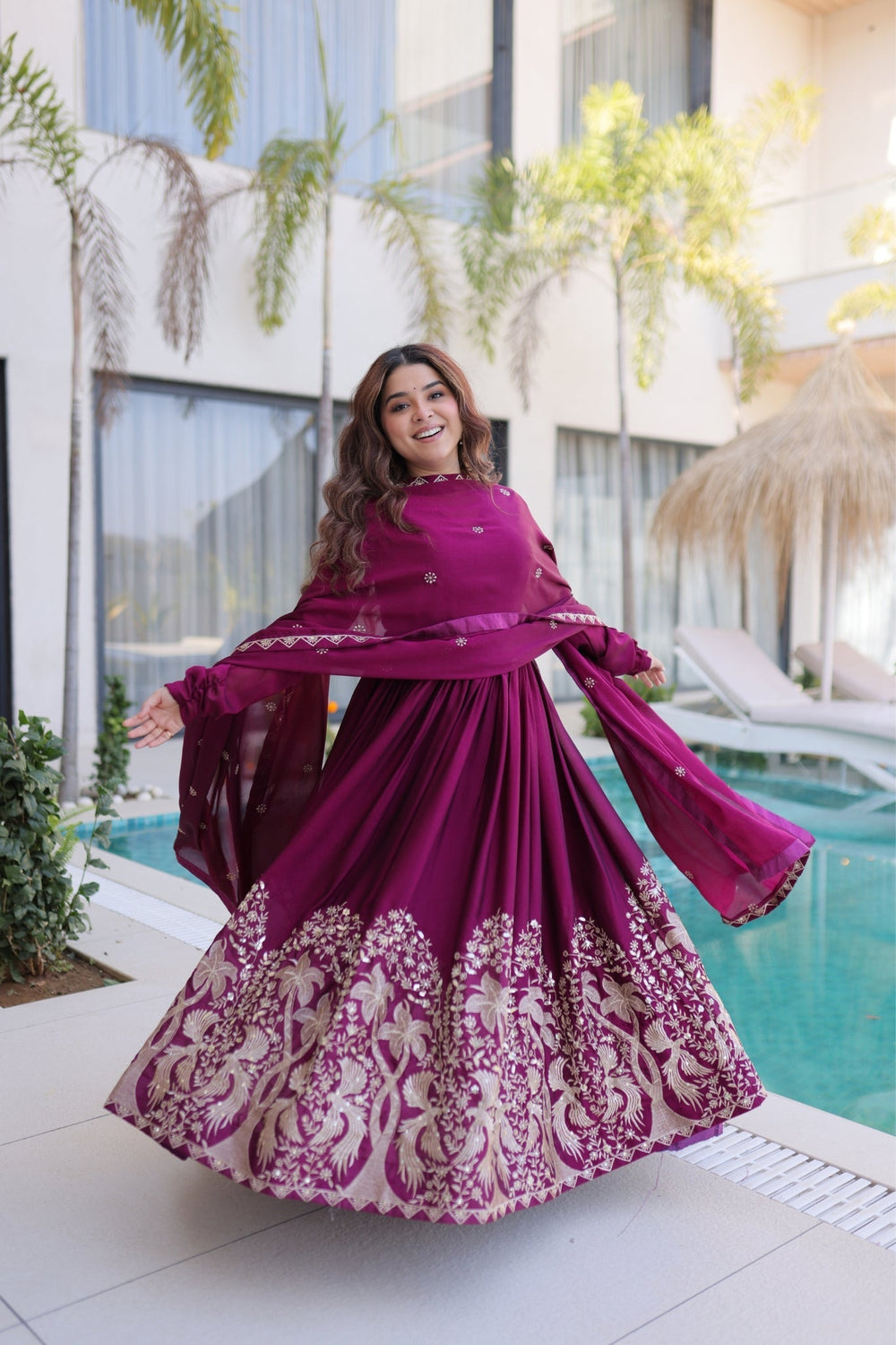 Wine Rangoli Crush Sequins Multi Embroidery Anarkali Suit for Women
