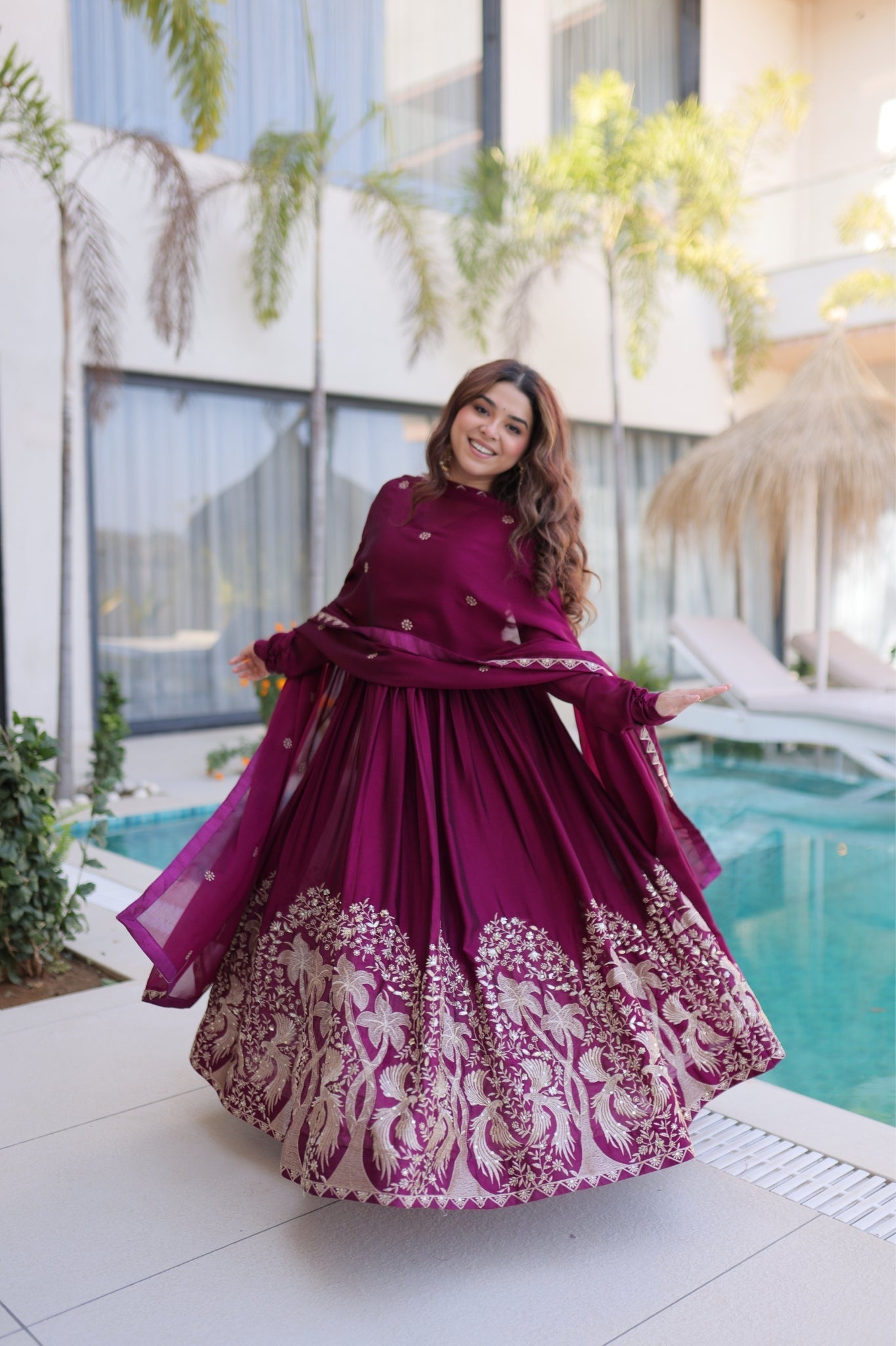 Wine Rangoli Crush Sequins Multi Embroidery Anarkali Suit for Women