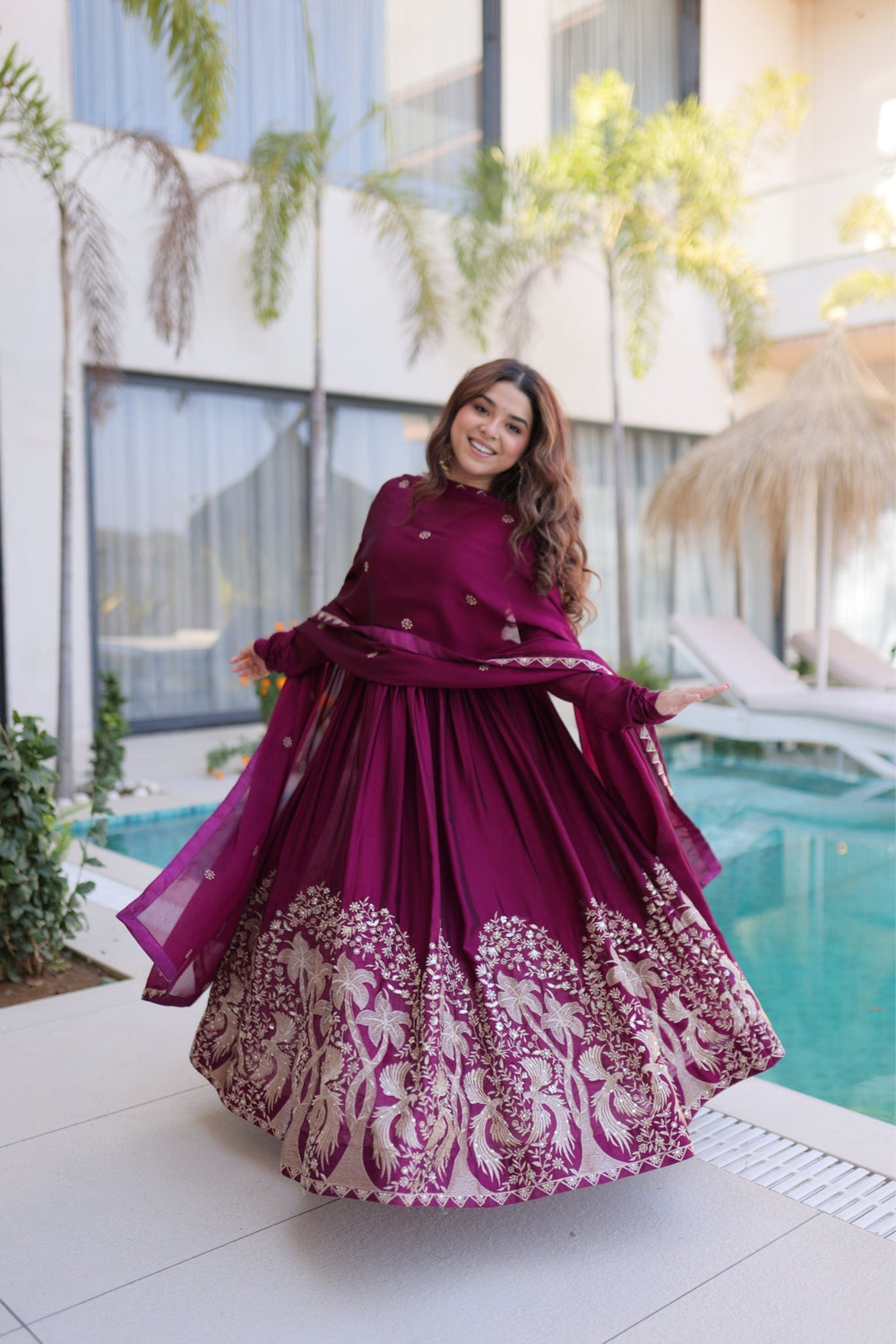 Wine Rangoli Crush Sequins Multi Embroidery Anarkali Suit for Women