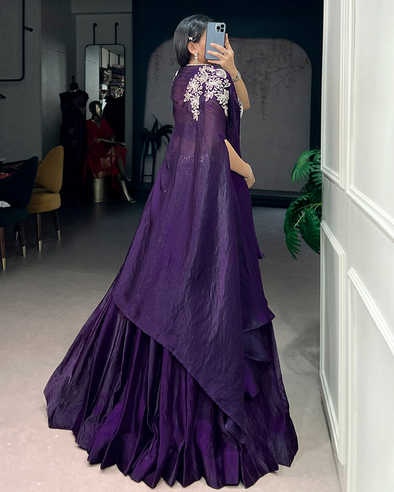 Purple Fendi Silk Embroidered Wedding Lehenga Choli for Women