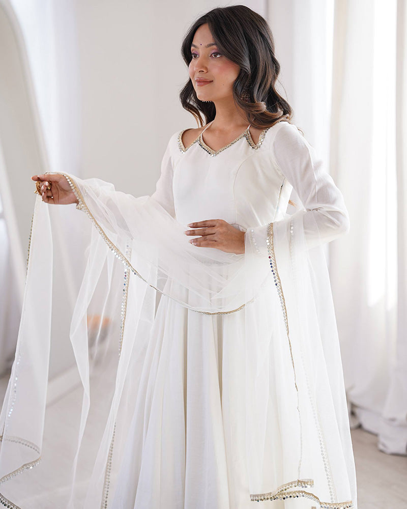 White Refined Chanderi Roman Silk Anarkali Suit for Women