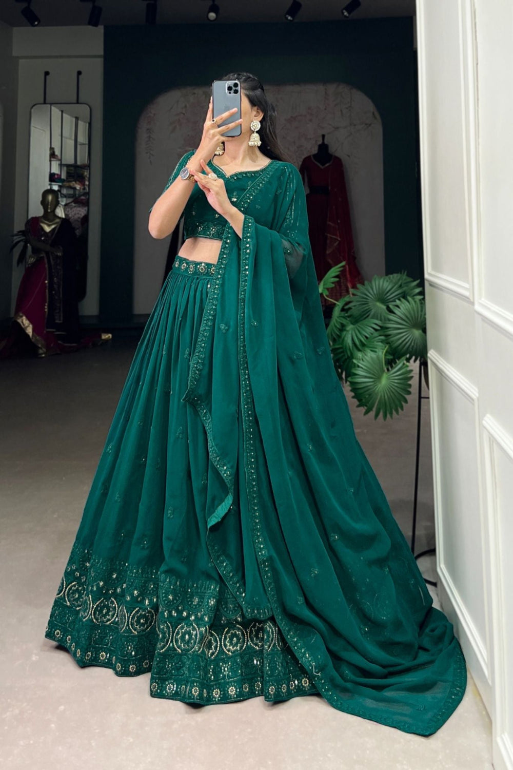 Blue Green Sequins With Thread Embroidery Work Wedding Lehenga Choli - Zimonza