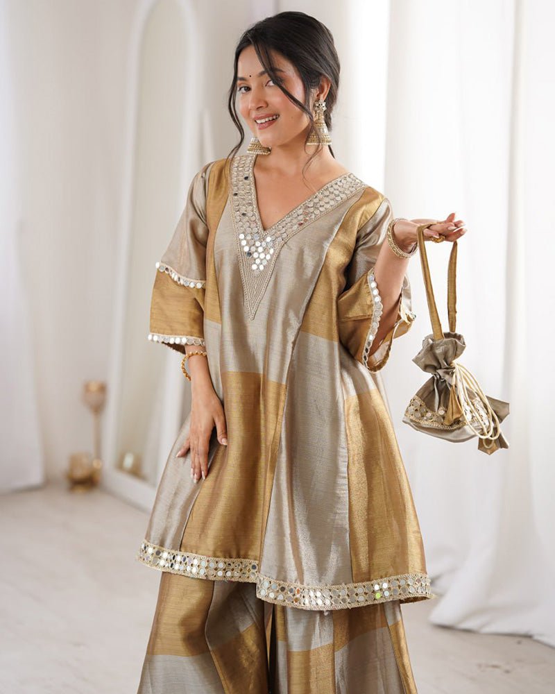 Grey Color Two - Tone Tissue Silk Embroidered Plazzo Suit - Zimonza