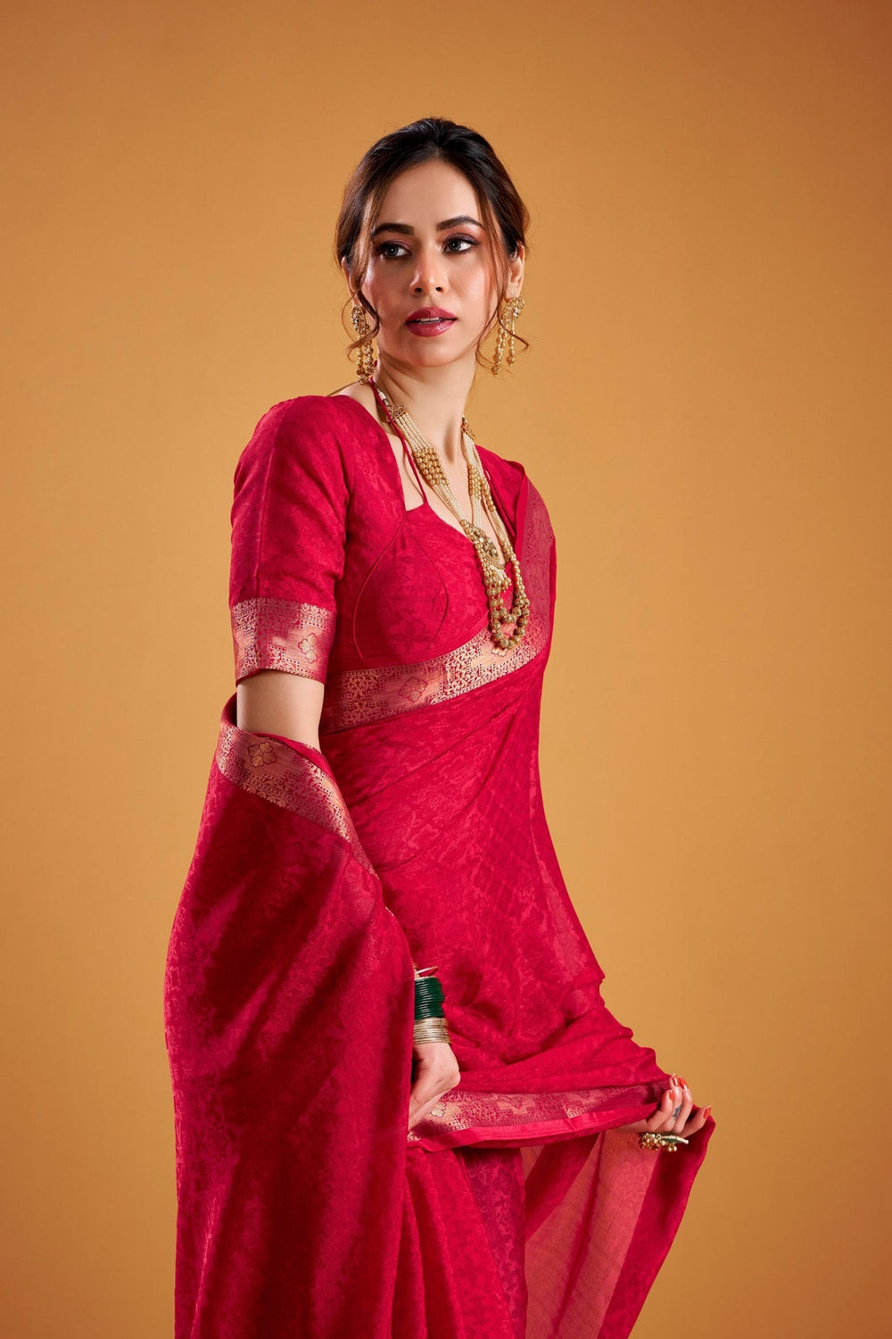 Poly Shimmer Woven Contrast Border Festive Saree for Women