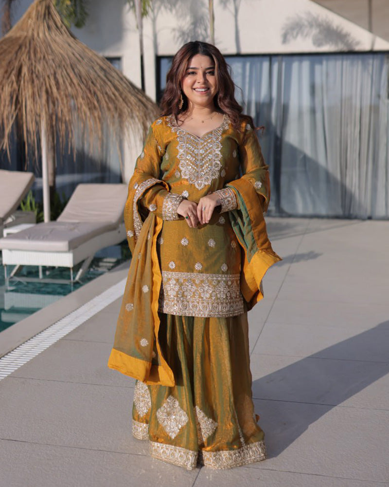 Golden Olive Fendi Crush Embroidered Palazzo Suit for Women