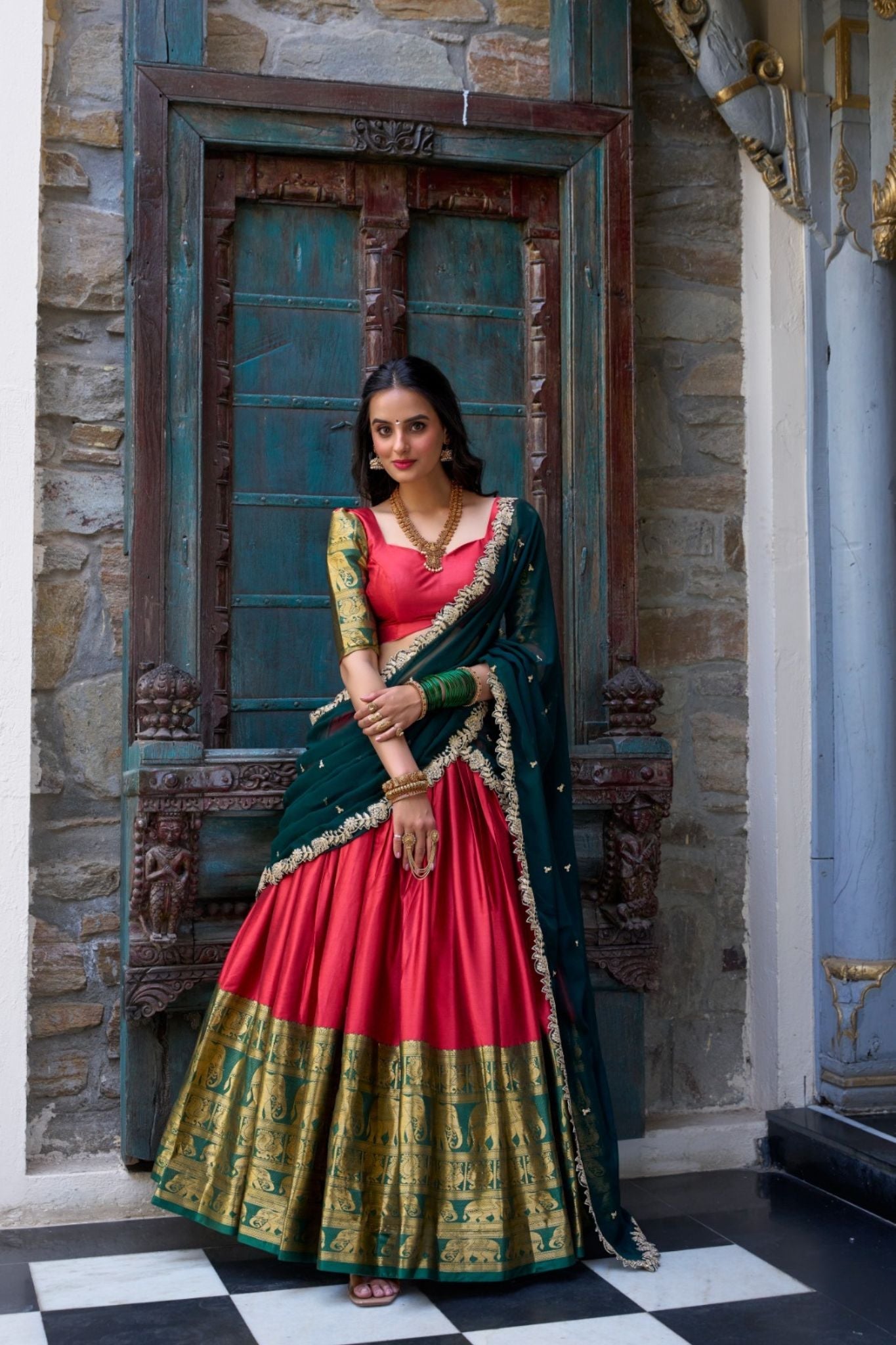 Red Tarika Narayan Pattu South Indian Lehenga Set