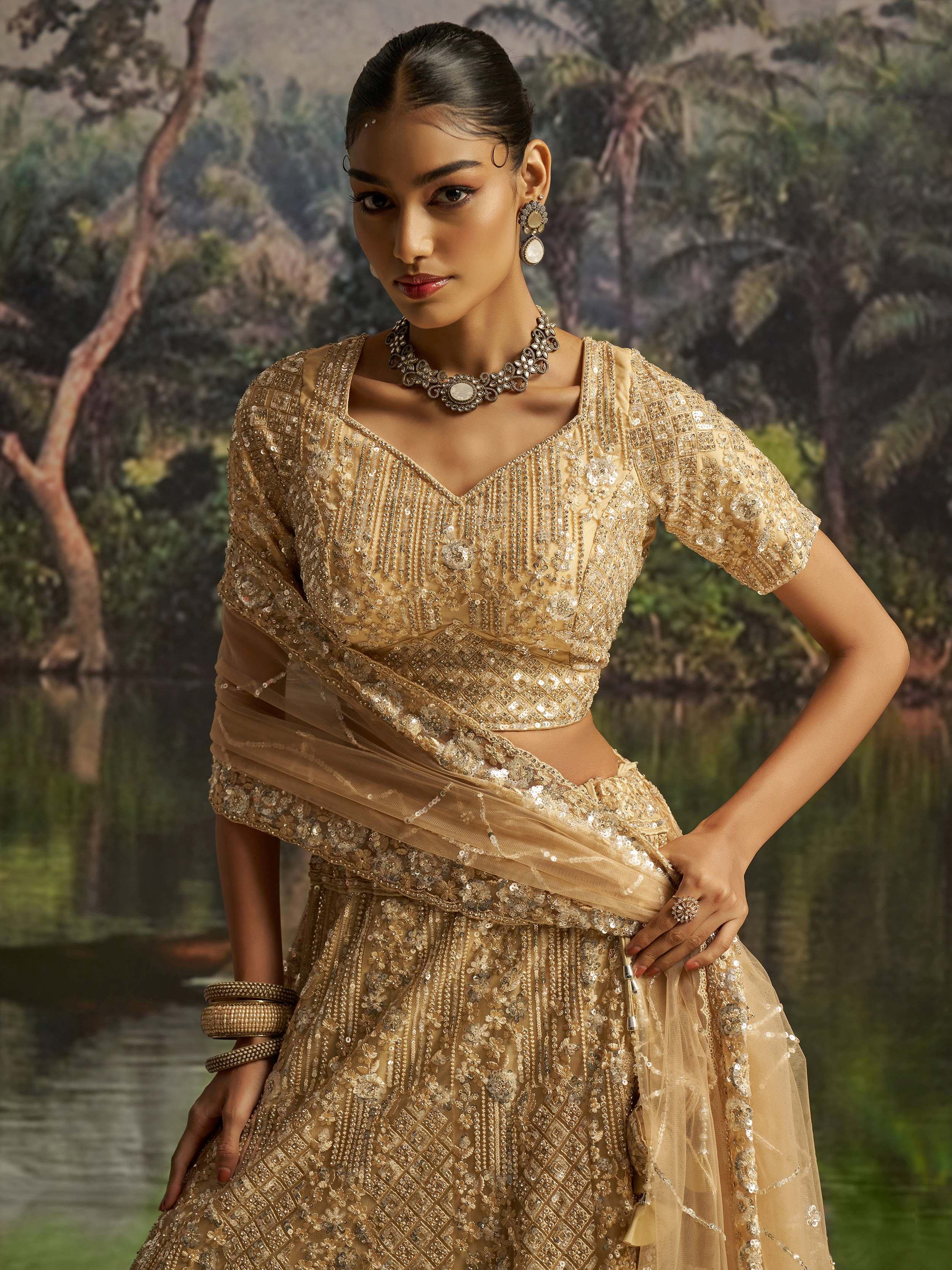 Cream Zarkan Work Wedding Wear Lehenga Choli With Dupatta for Women