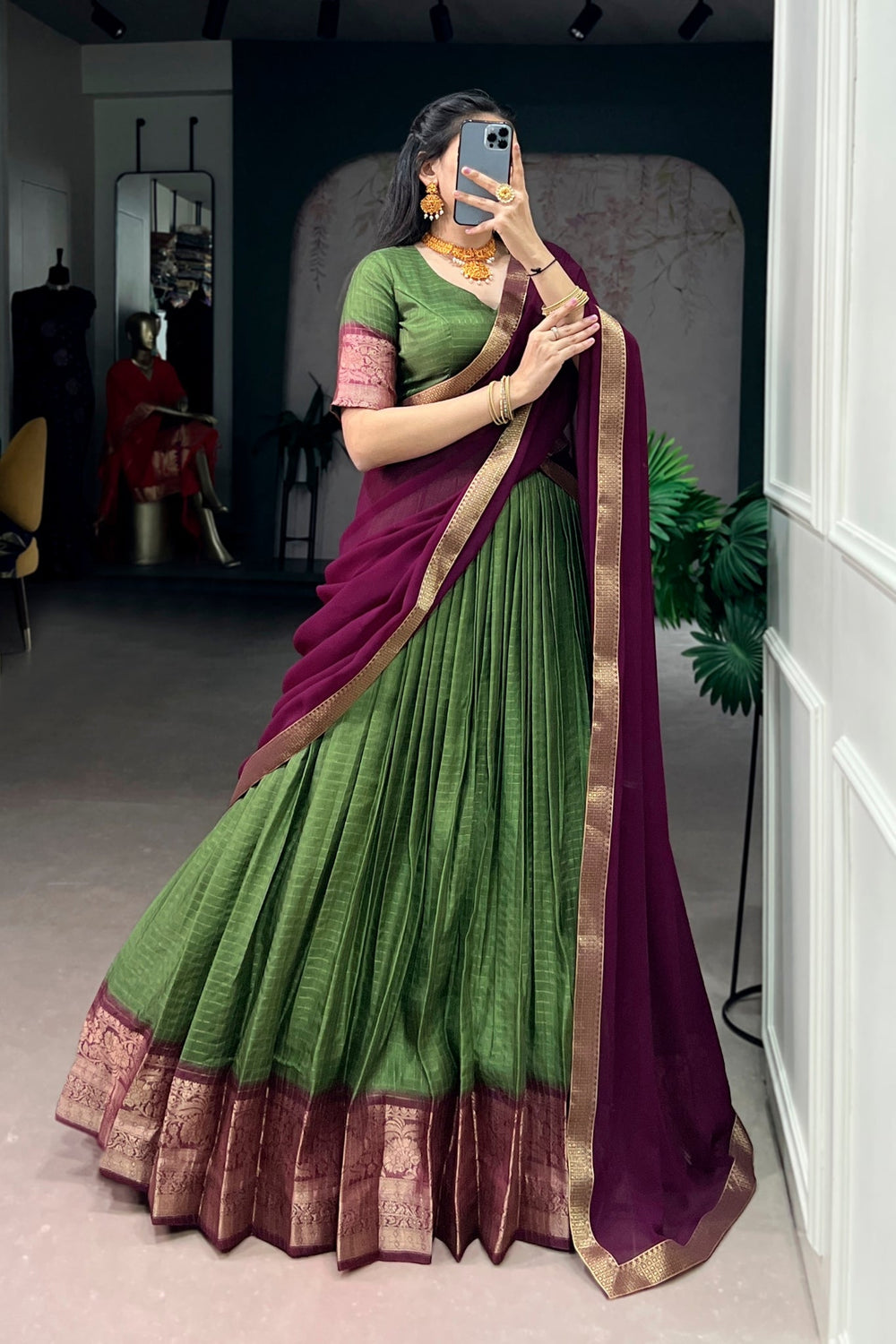 Mehndi Zari Weaving Embroidered Festive Lehenga Choli for Women