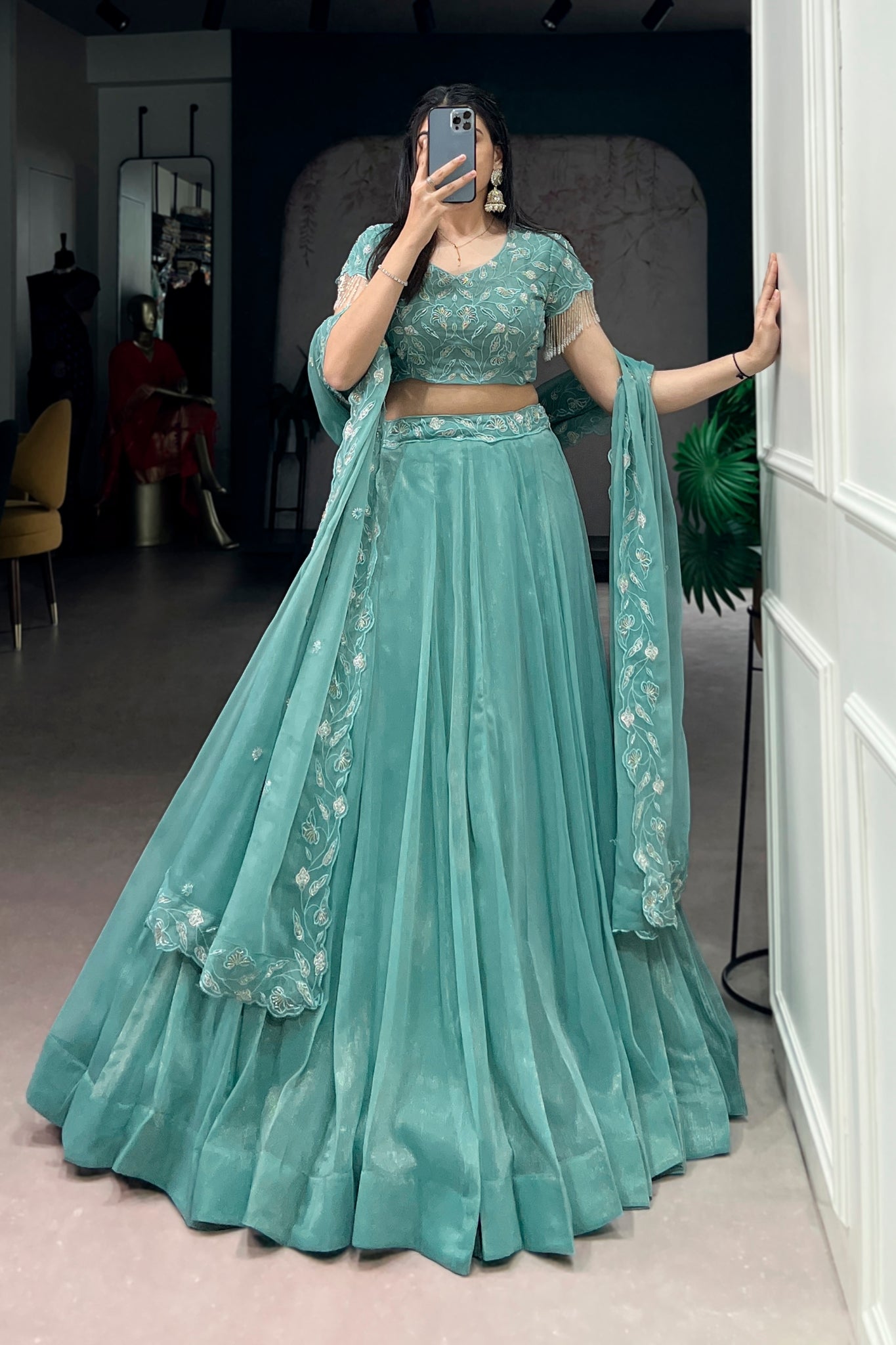 Sea Green Beads Thread Embroidered Wedding Lehenga Choli for Women