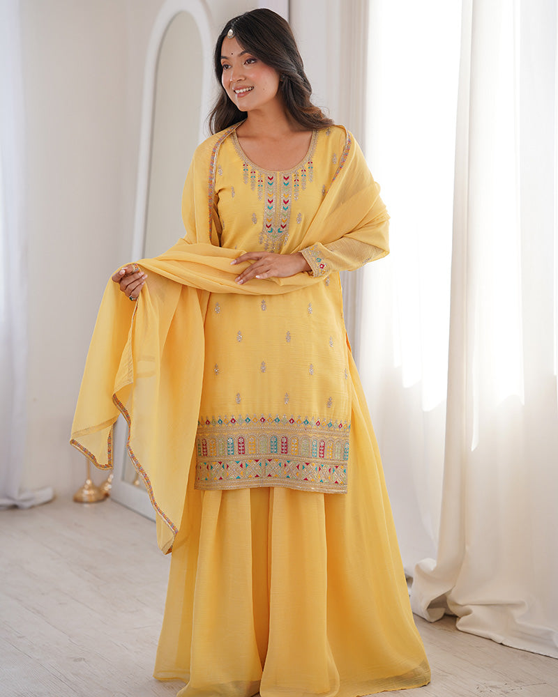 Yellow Crunchy Silk Embroidered Festive Palazzo Suit for Women