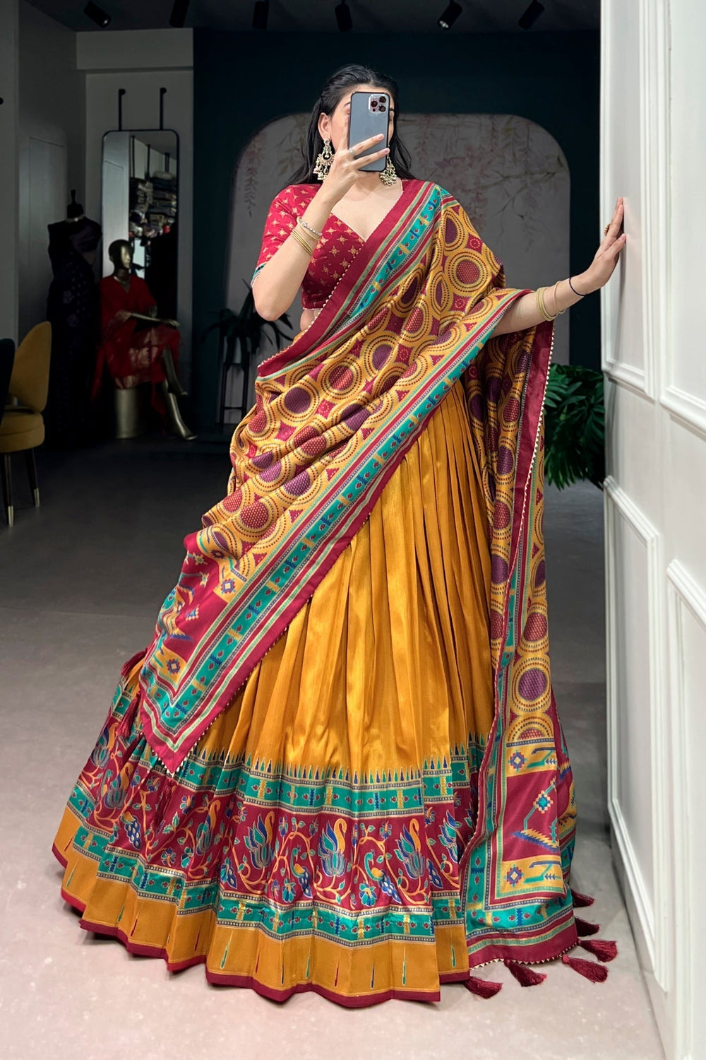Mustard Printed Tasar Silk Festive Lehenga Choli for Women