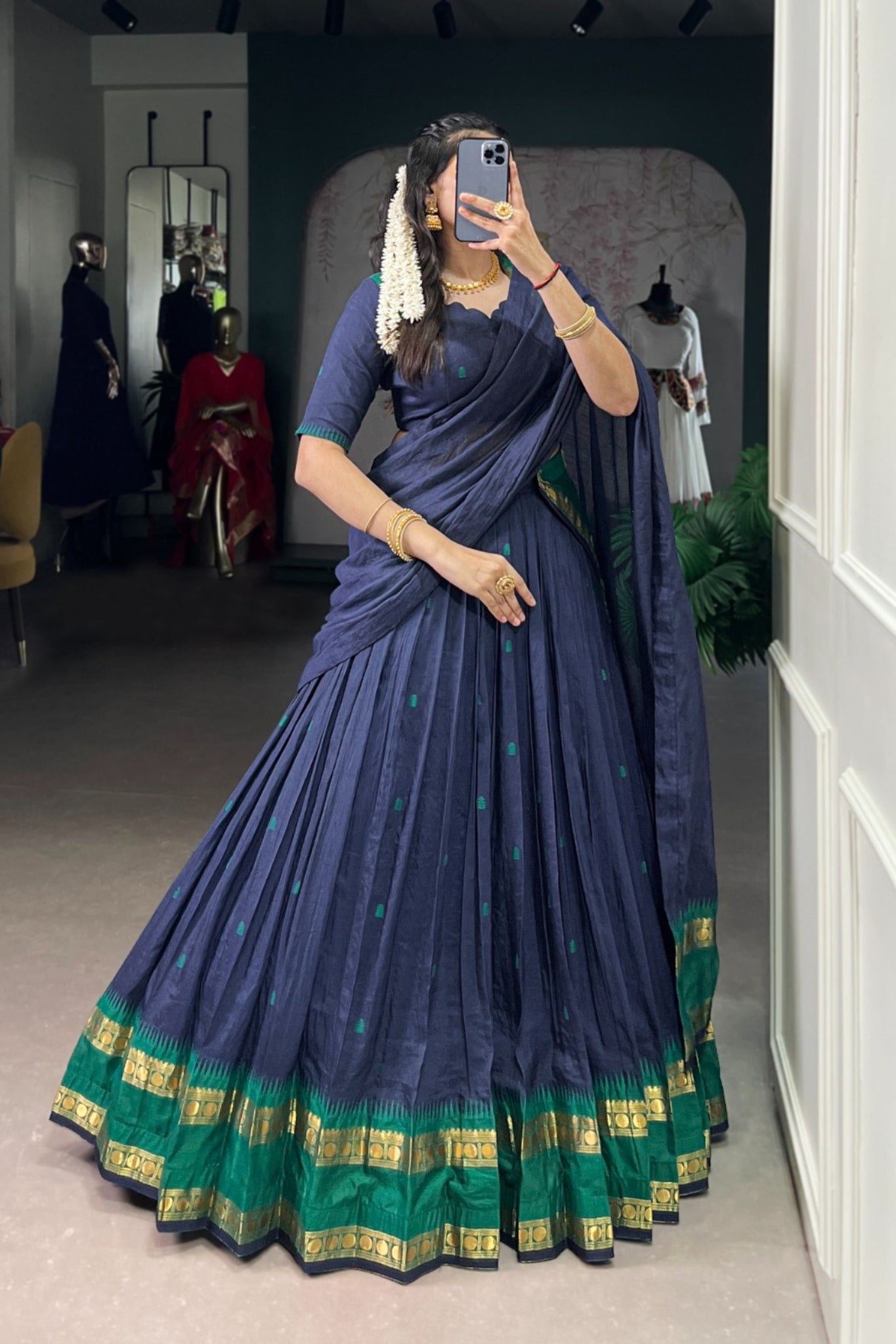 Navy Blue Pure Chanderi Zari Weaving Work South Indian Lehenga Choli