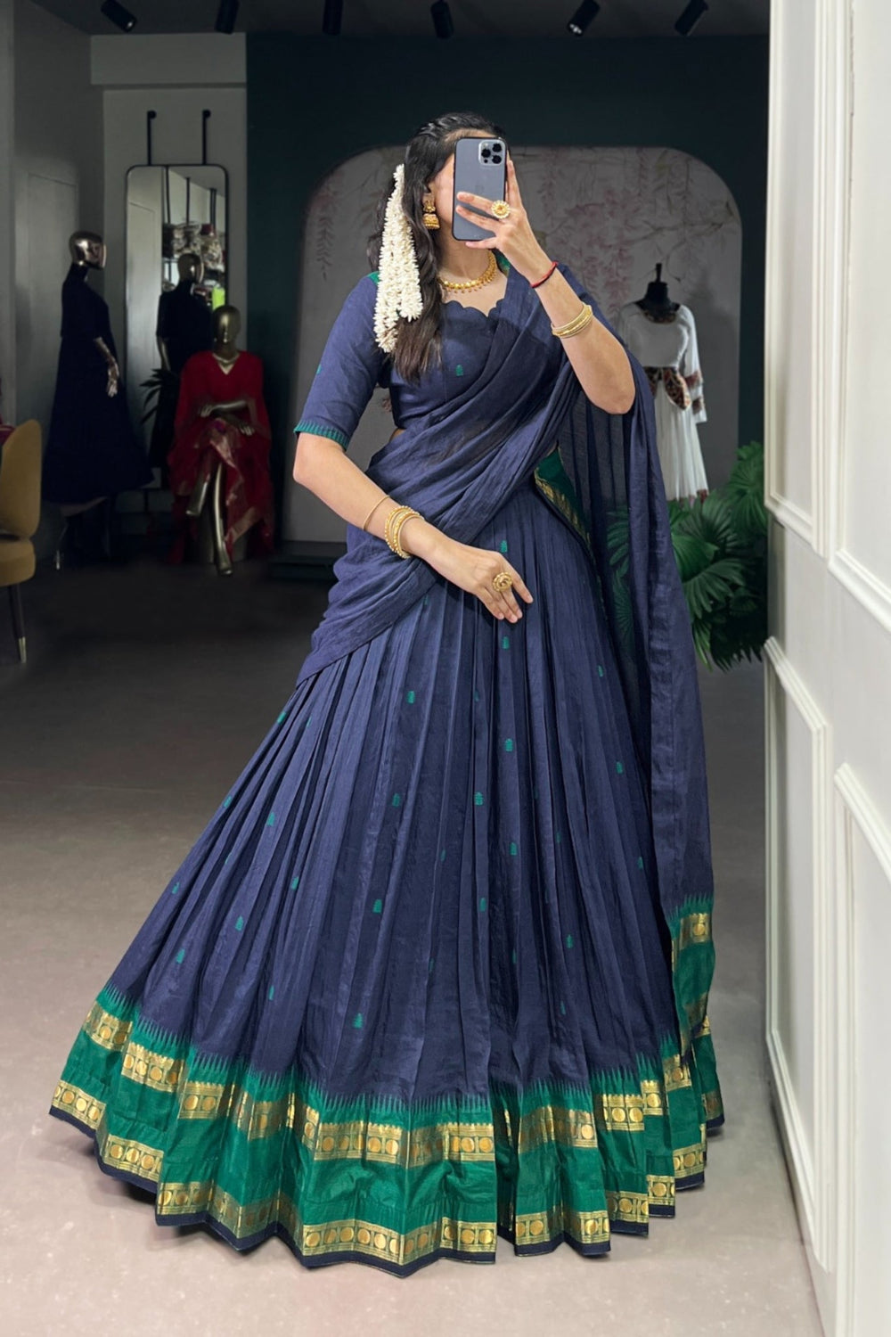Navy Blue Pure Chanderi Zari Weaving Work South Indian Lehenga Choli