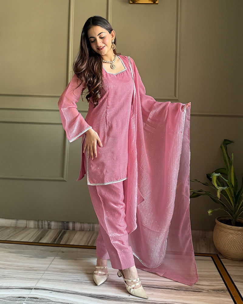 Pink Crunchy Silk Farshi Palazzo Festive Suit for Women