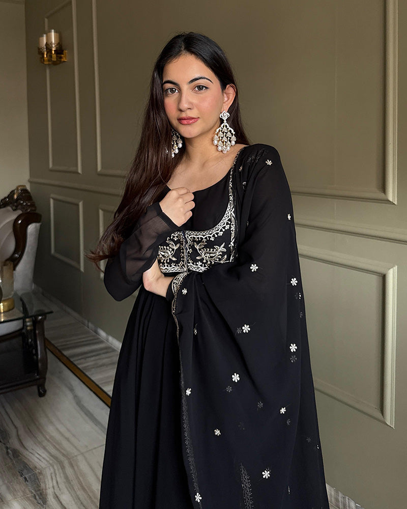Black Georgette Embroidered Party Anarkali Suit for Women