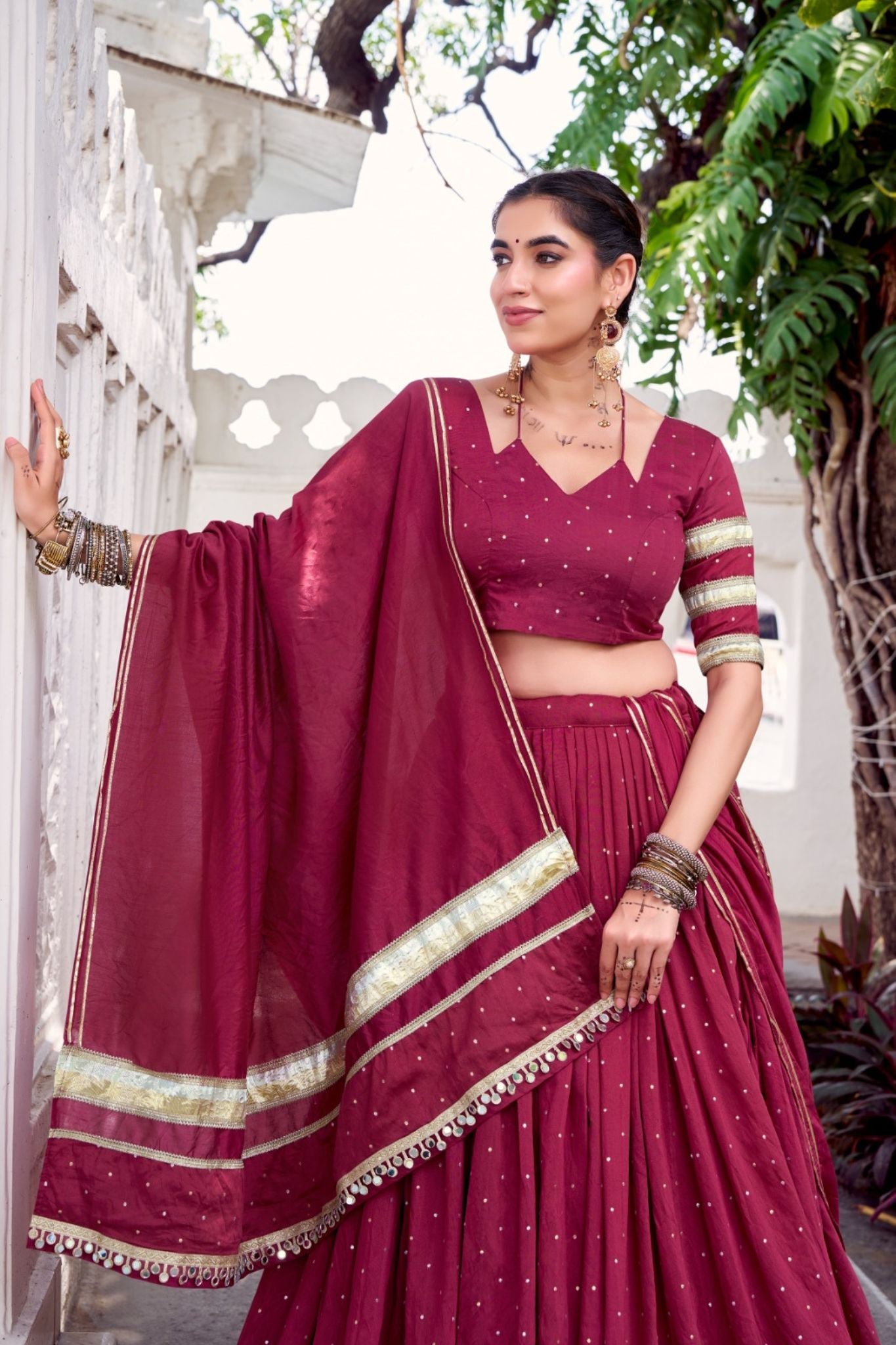 Maroon Pure Chanderi Zari Weaving Lehenga Choli Set For Festive And Wedding Special