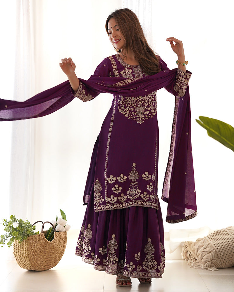 Wine Chinon Embroidered Wedding Wear Sharara Suit for Women