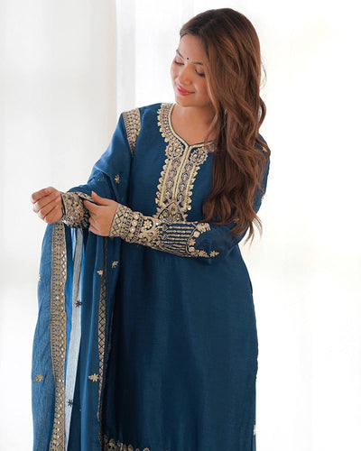Morpich Chinon Silk Three Piece Festive Kurti Suit for Women