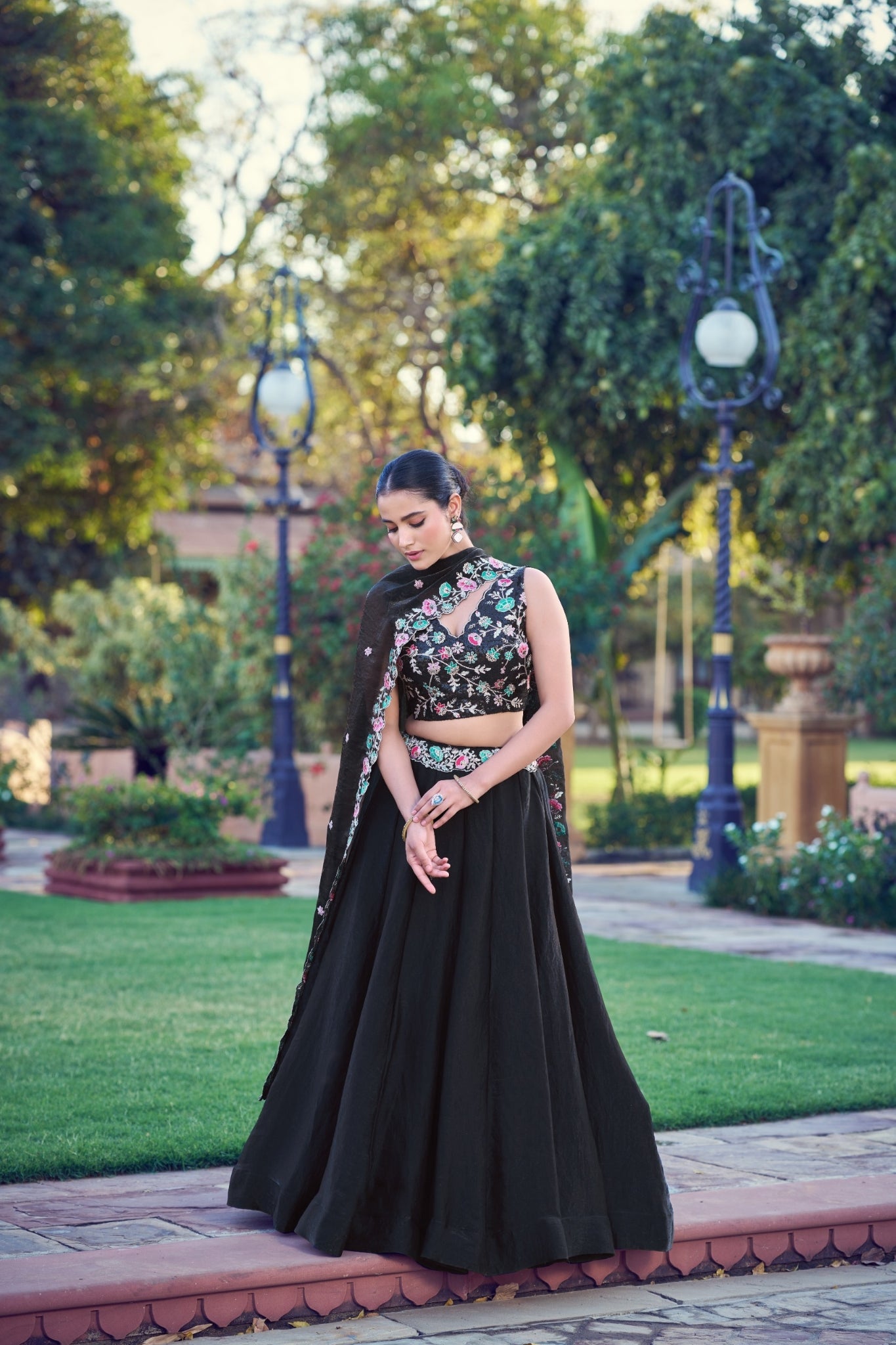 Black Fendi Embroidery Sequins Worked Lehenga Choli Set - Zimonza
