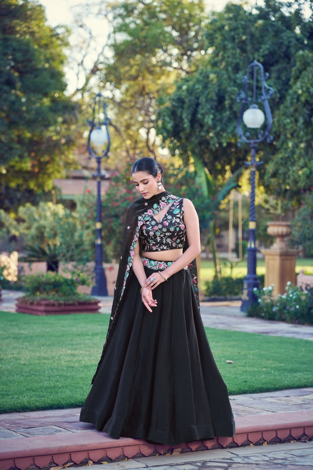 Black Fendi Embroidery Sequins Worked Lehenga Choli Set - Zimonza