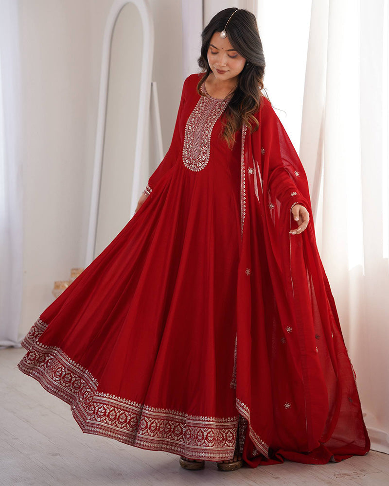 Dark Red Engaging Zari Work Silk Reception Wear Gown With Dupatta for Women