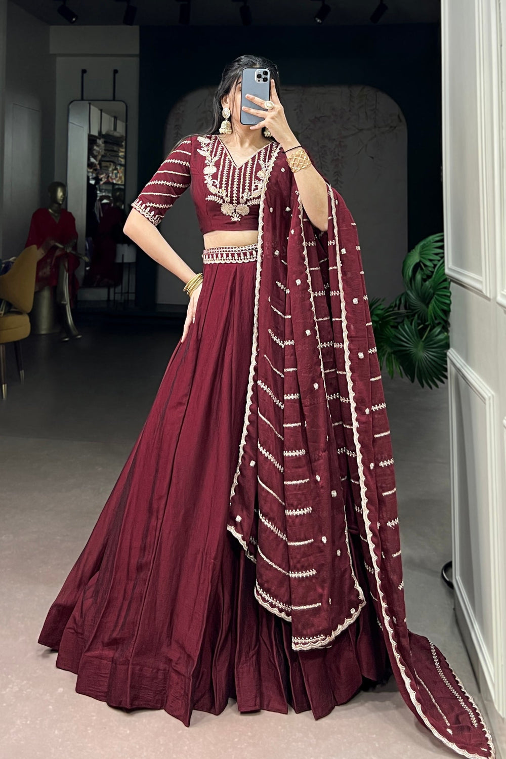 Premium Maroon Rangoli Crush Lehenga Choli Set - Zimonza