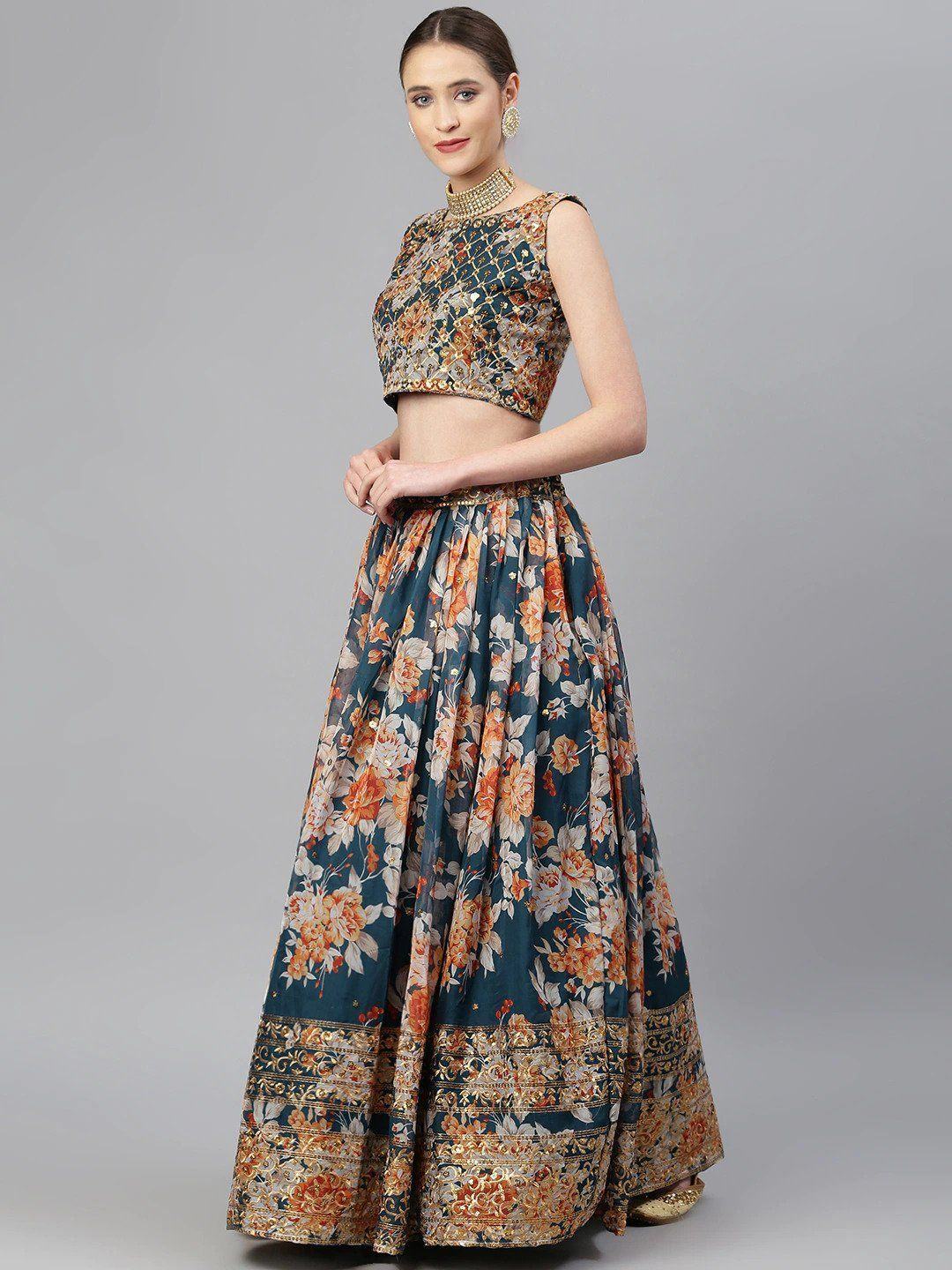 Organza lehenga choli with sequin embellishment and floral embroidery for wedding occasions
