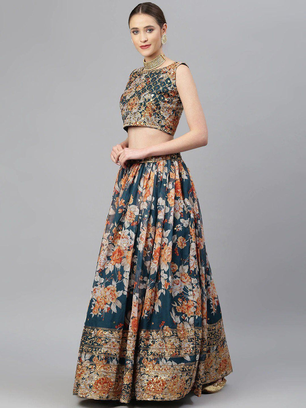 Organza lehenga choli with sequin embellishment and floral embroidery for wedding occasions