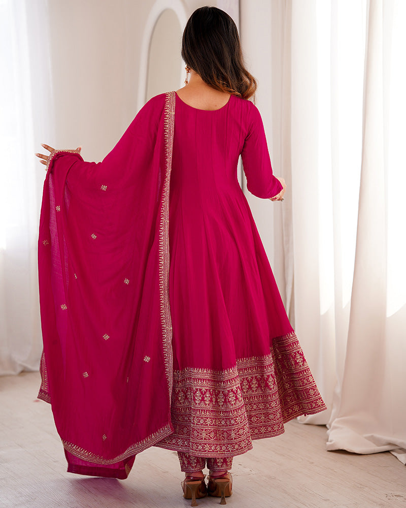 Rani Pink Vichitra Silk Embroidered Anarkali Suit for Women