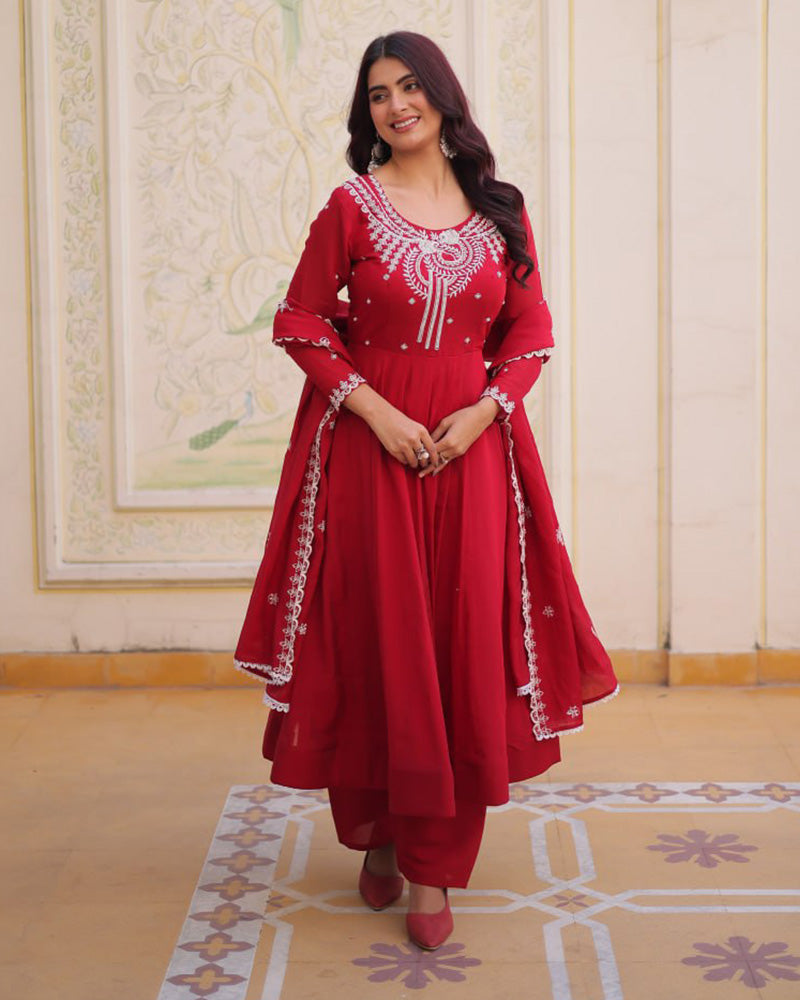 Royal Red Mal Chanderi Cotton Festive Anarkali Suit for Women
