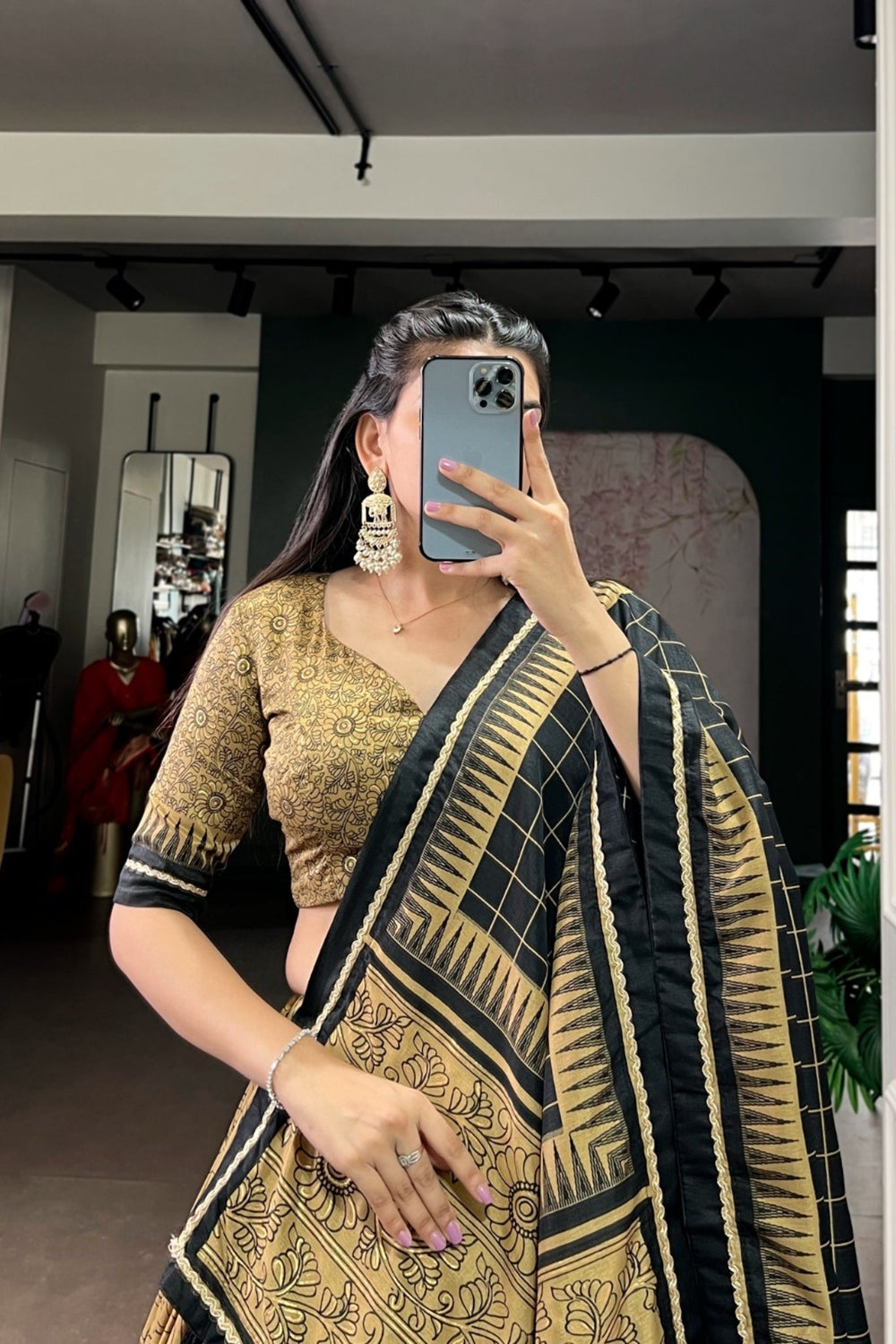 Gold Festive Kalamkari Printed Tasar Silk Lehenga Choli With Dupatta