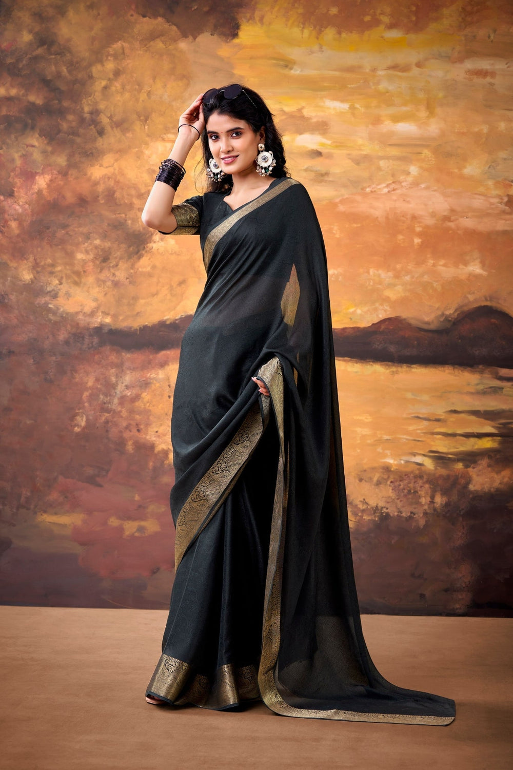 Black Marshmallow Silk Woven Contrast Border Festive Saree for Women